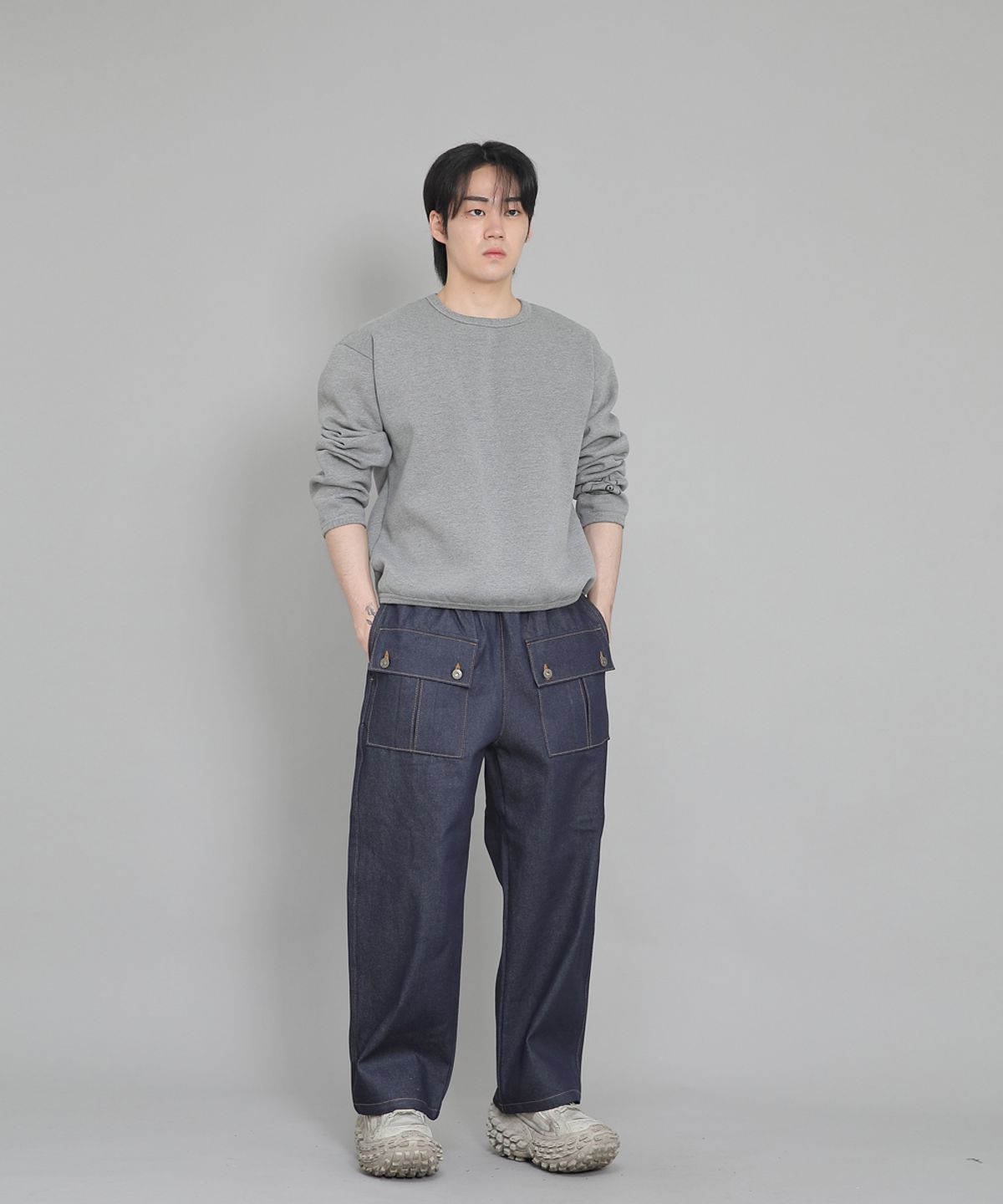 세인트크루(SAINTCREW) EX와이드 더블버튼 카고팬츠 EDC-345 데님 인디고
