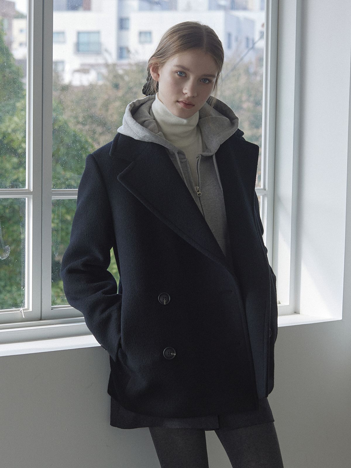 논로컬(NONLOCAL) Wool Double Pea Coat - Black