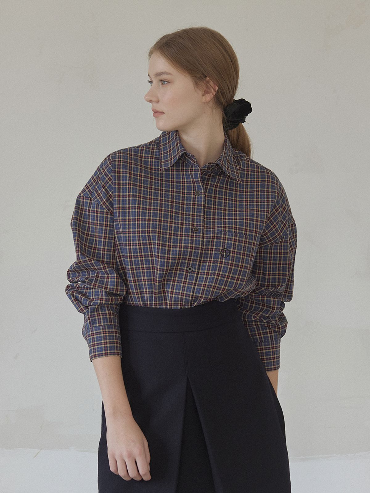 논로컬(NONLOCAL) Emblem Logo Check Shirt - Blue