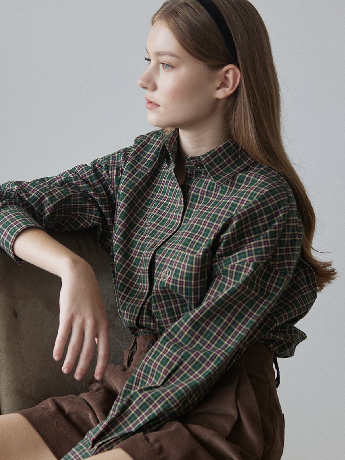 논로컬(NONLOCAL) Emblem Logo Check Shirt - Green