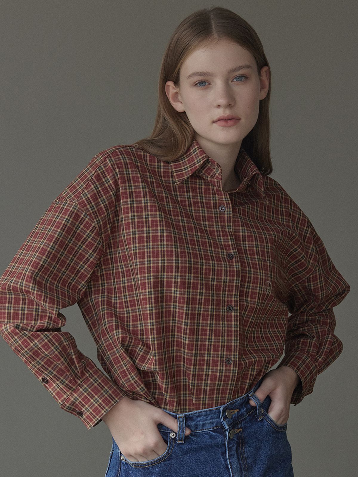 논로컬(NONLOCAL) Emblem Logo Check Shirt - Red