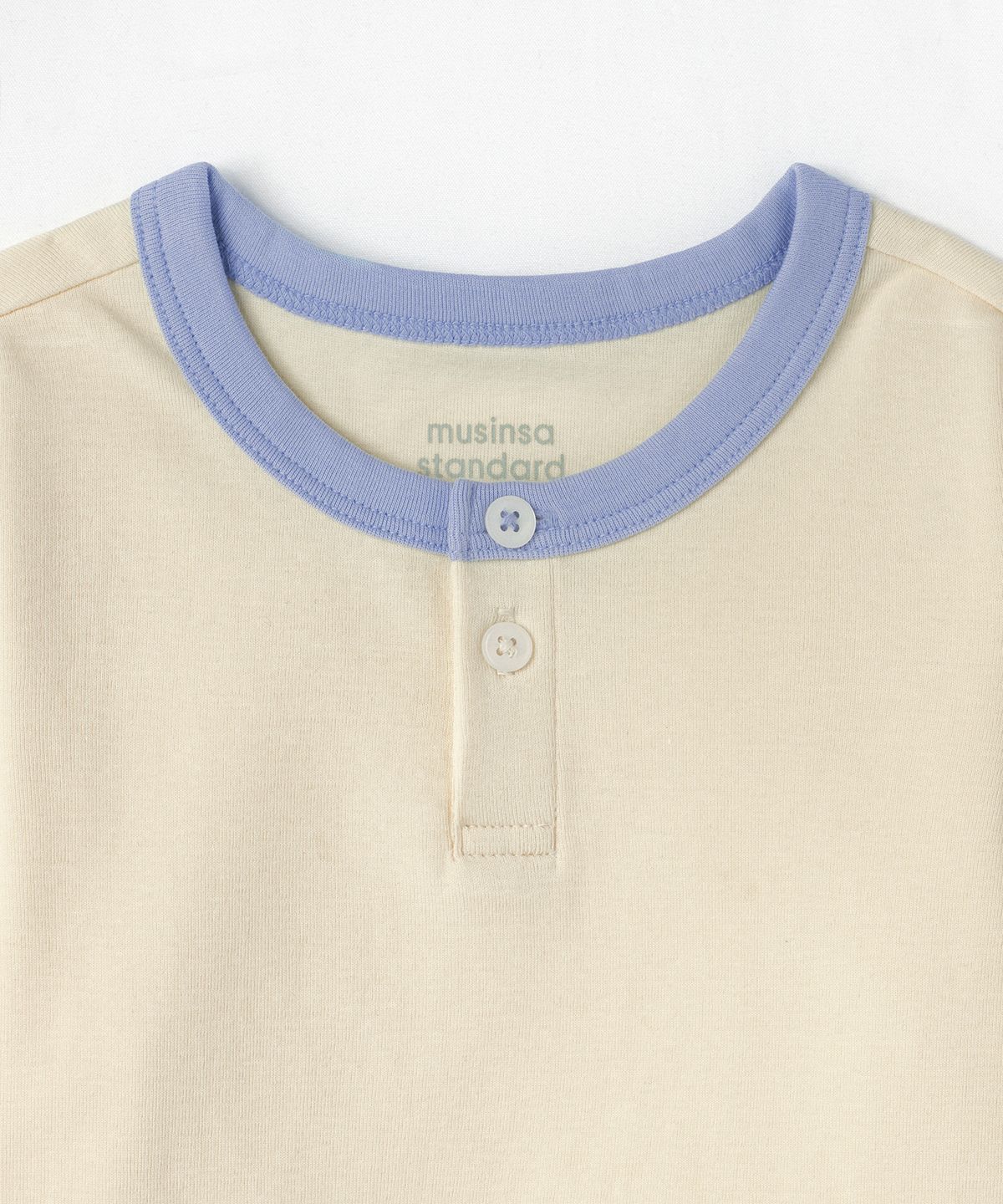 무신사 스탠다드 키즈(MUSINSA STANDARD KIDS) 컬러 블록 헨리 넥 실내복 세트 [레몬 크림/파스텔 블루]