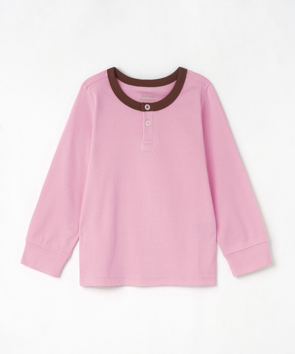 무신사 스탠다드 키즈(MUSINSA STANDARD KIDS) 컬러 블록 헨리 넥 실내복 세트 [핑크/브라운]