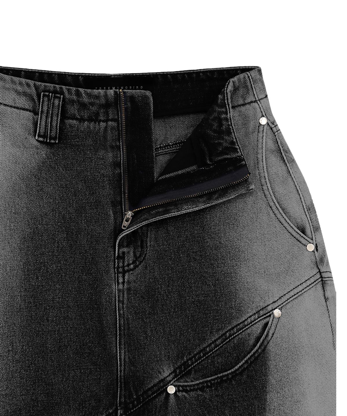 트리밍버드(TREEMINGBIRD) Curved Pocket Cut Denim Skirt [ Black ]