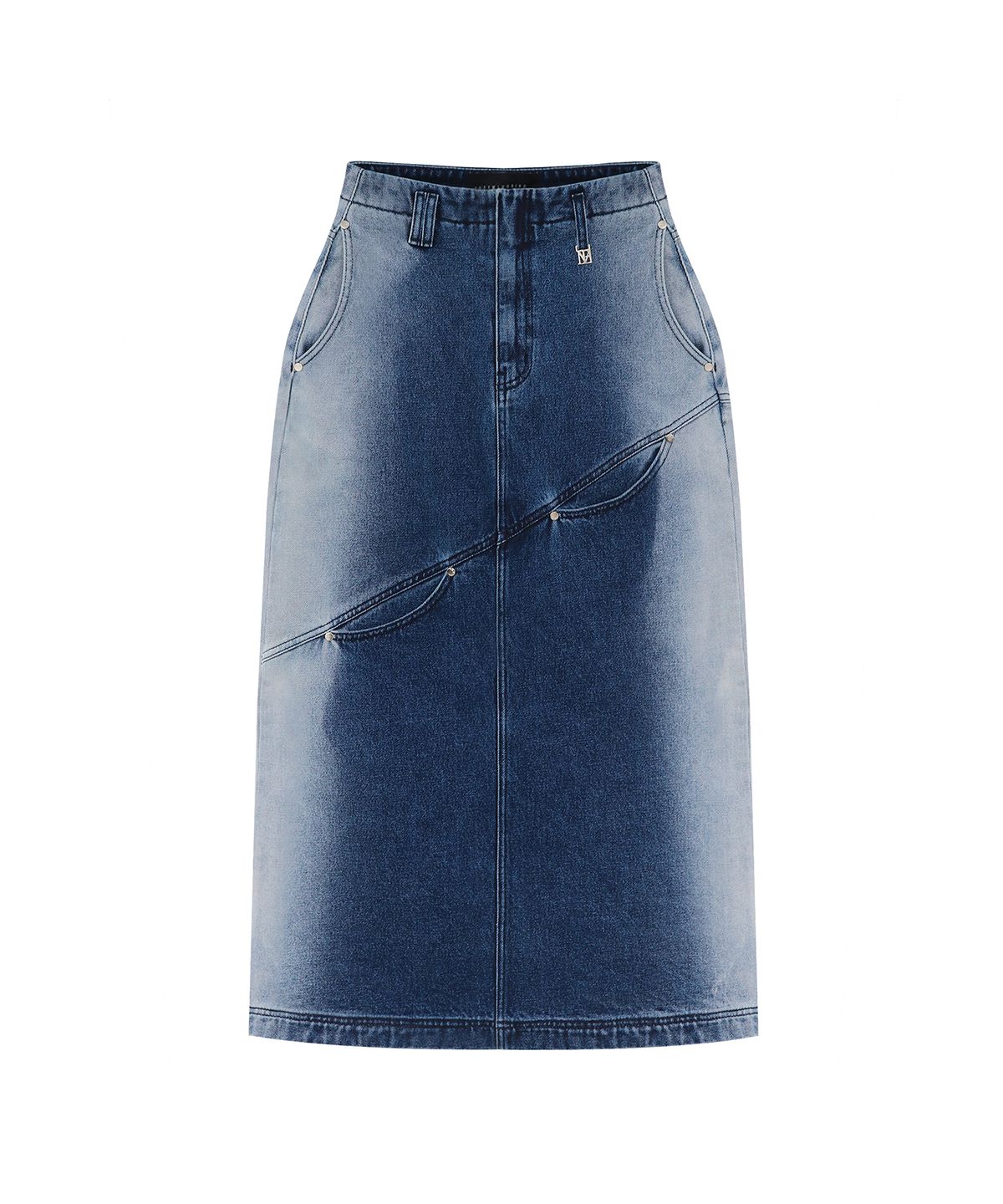 트리밍버드(TREEMINGBIRD) Curved Pocket Cut Denim Skirt [ Blue ]