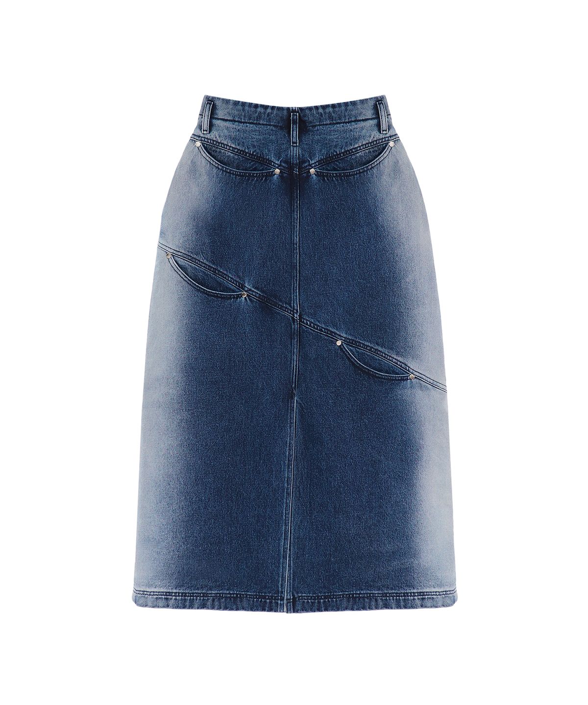 트리밍버드(TREEMINGBIRD) Curved Pocket Cut Denim Skirt [ Blue ]