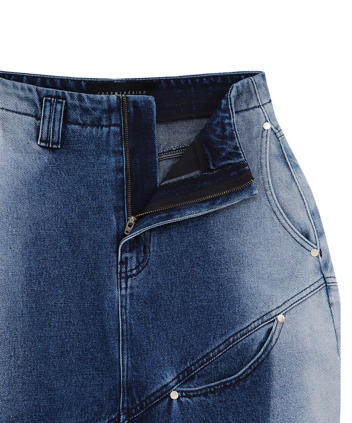트리밍버드(TREEMINGBIRD) Curved Pocket Cut Denim Skirt [ Blue ]