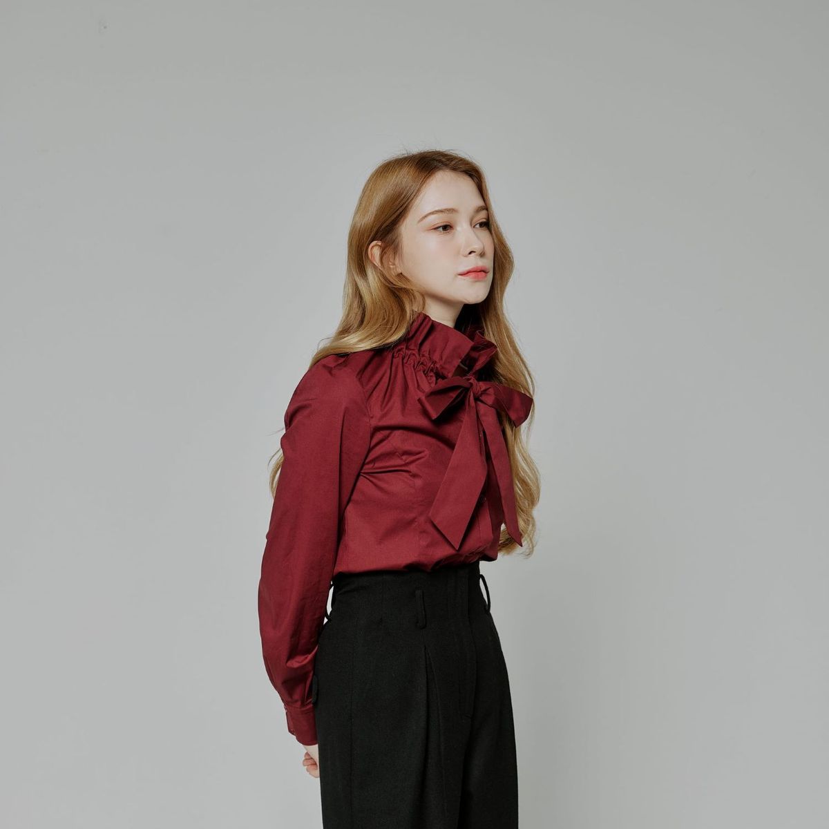 벨르마(BELLEMA) Ruffle Cotton Tie Blouse[Wine]