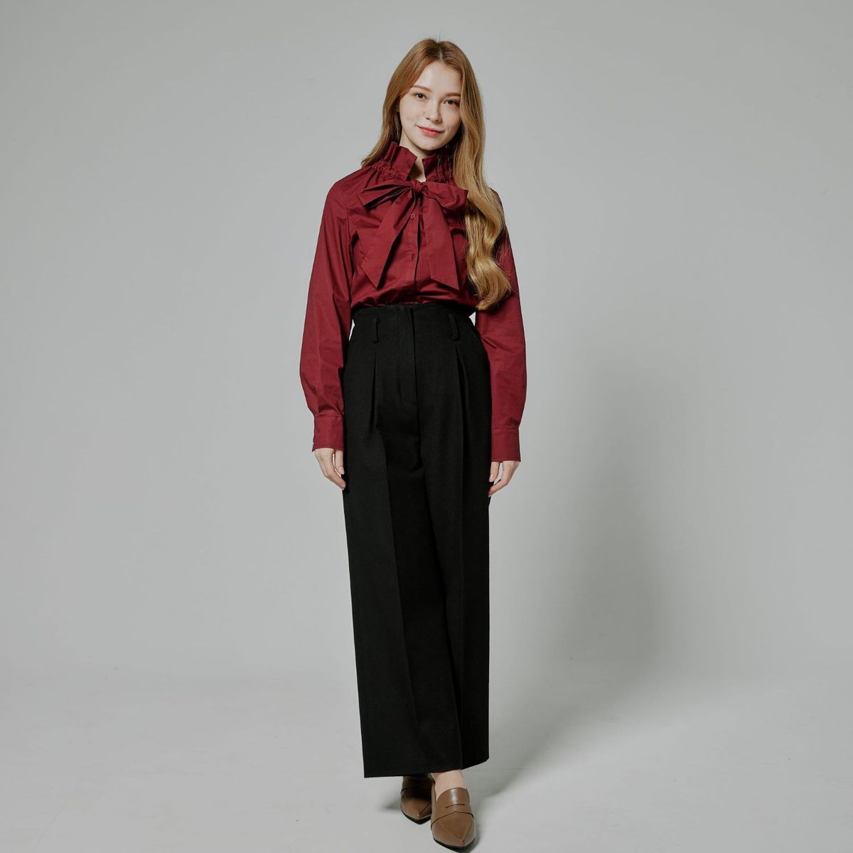 벨르마(BELLEMA) Ruffle Cotton Tie Blouse[Wine]