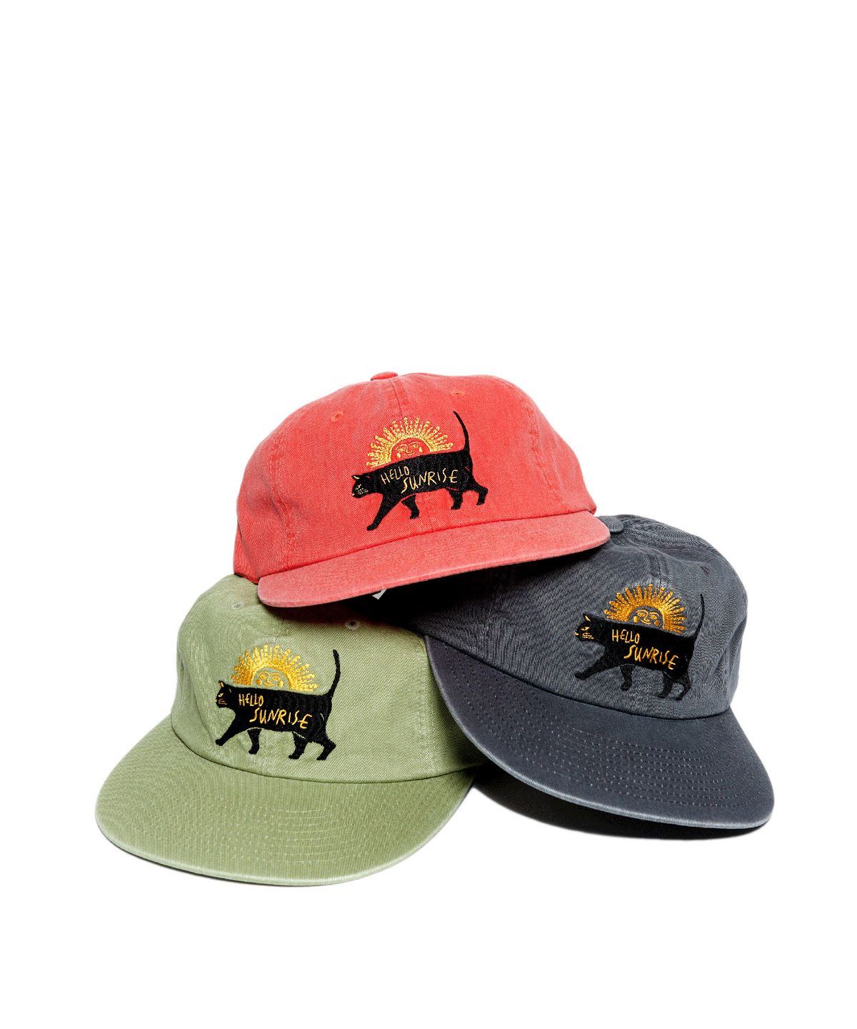 헬로 선라이즈(HELLO SUNRISE) Washed Sunrise Cat Logo 6Panel Cap (Olive Green)