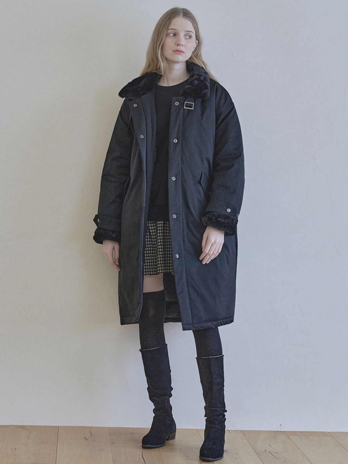 아방(AVANT-G) Check Combi Sweatshirt Mini Dress - BLACK(기모)