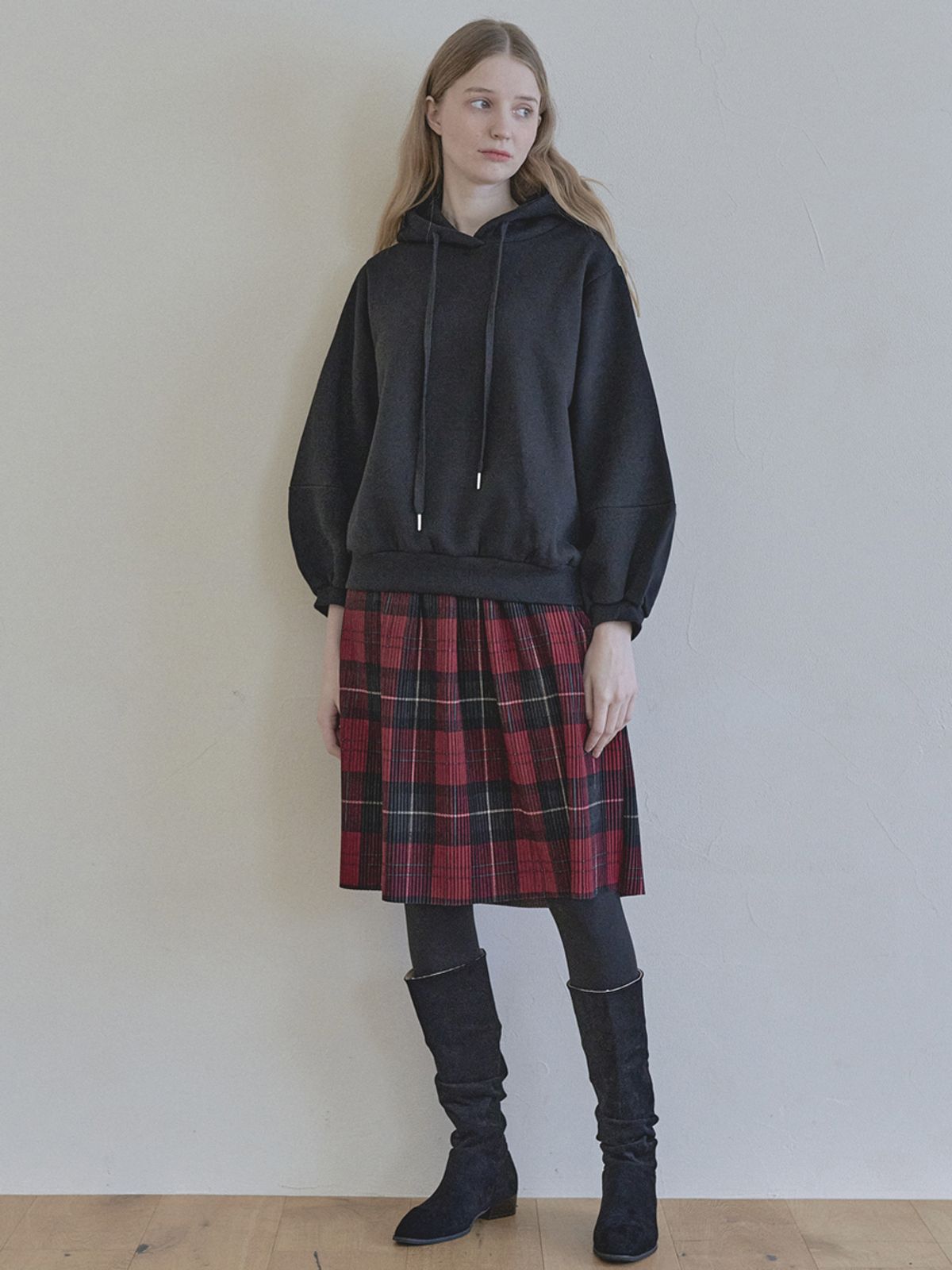 아방(AVANT-G) Tartan Check Pleated Midi Skirt - RED