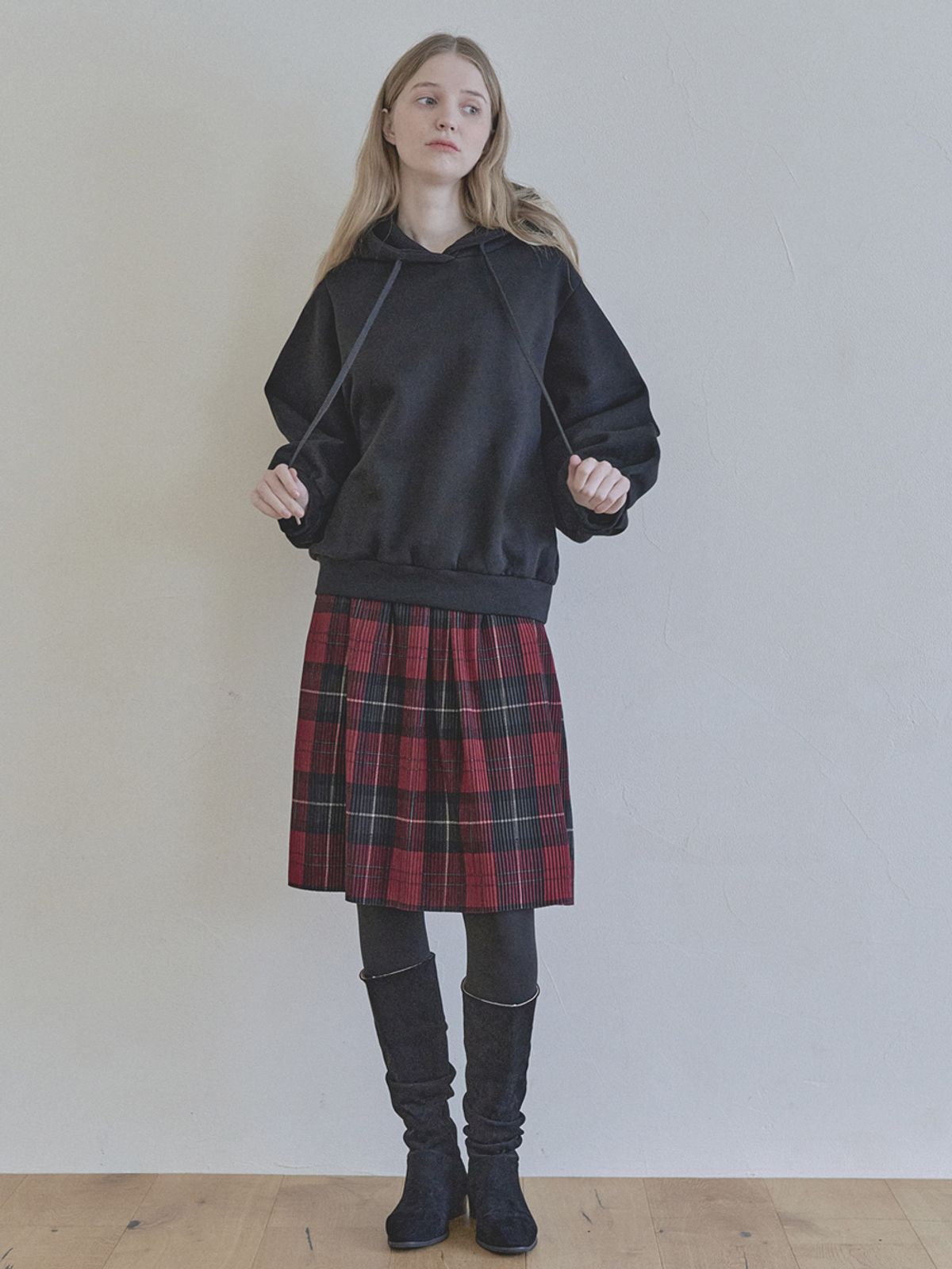 아방(AVANT-G) Tartan Check Pleated Midi Skirt - RED