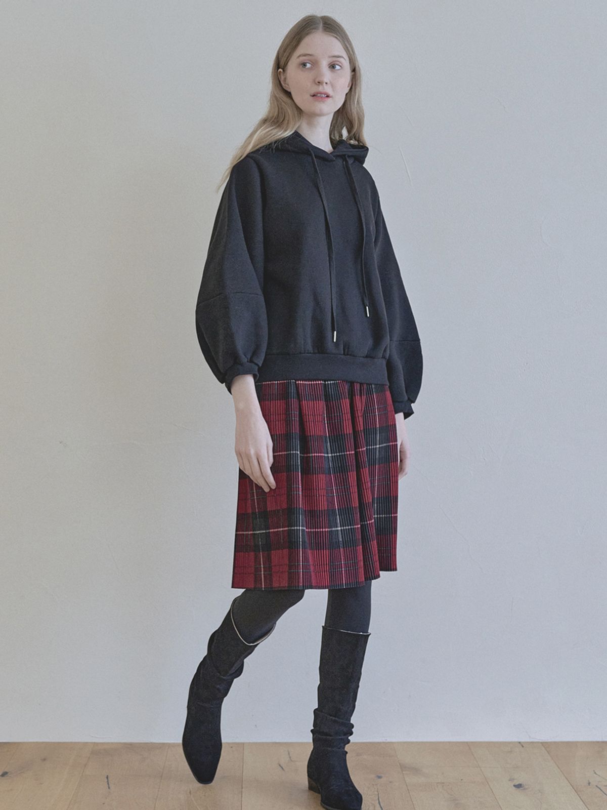 아방(AVANT-G) Tartan Check Pleated Midi Skirt - RED