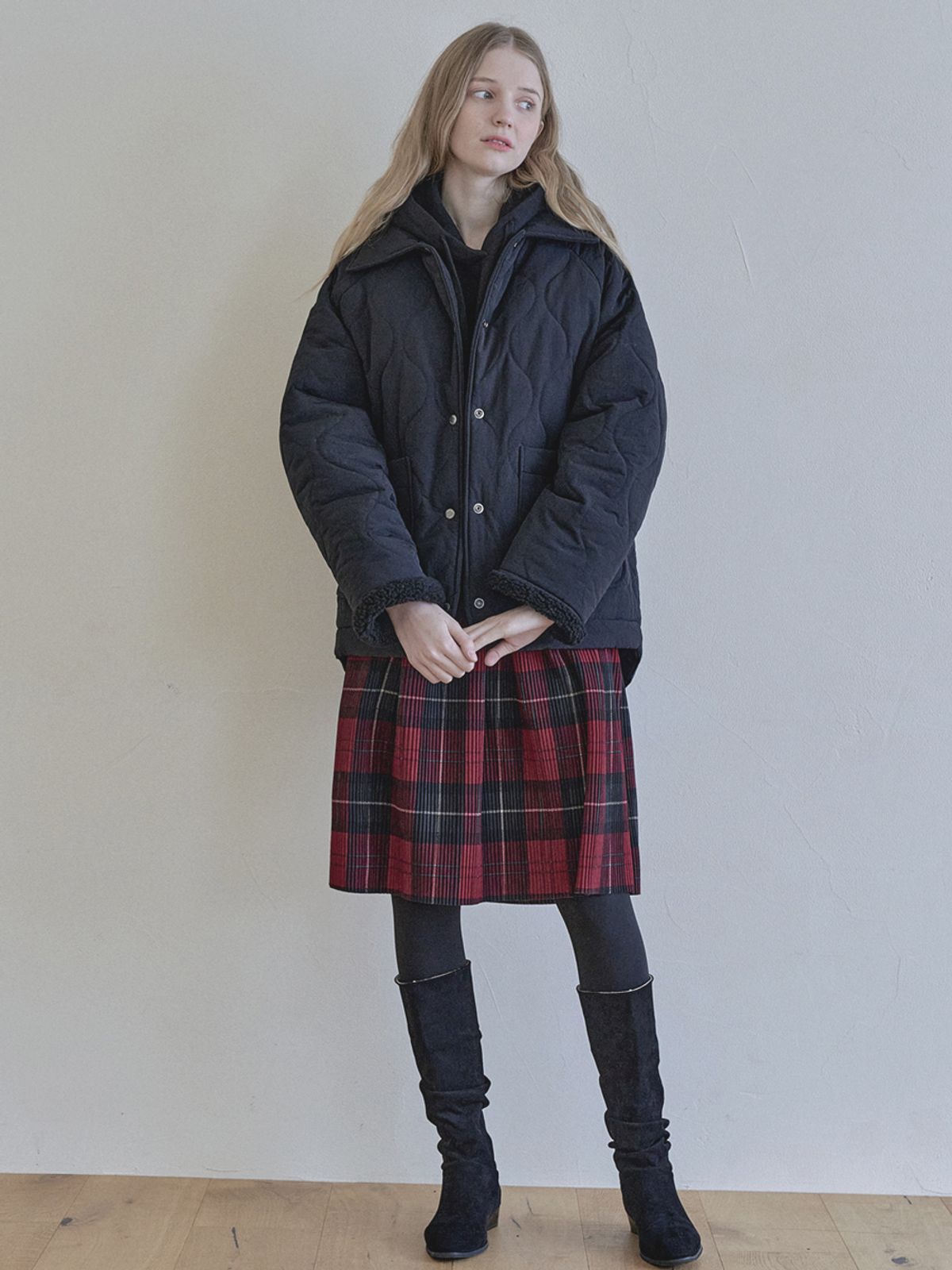 아방(AVANT-G) Tartan Check Pleated Midi Skirt - RED