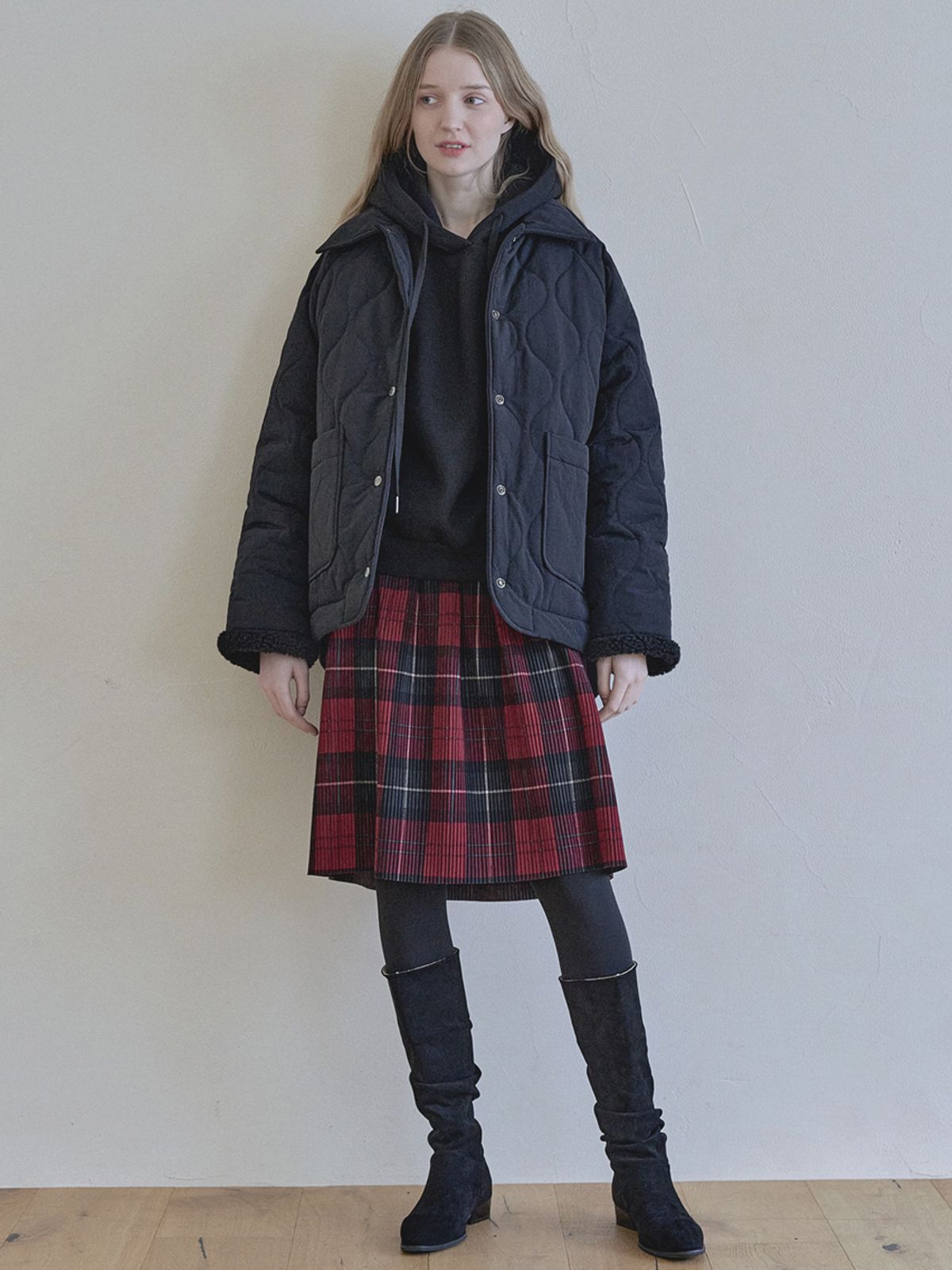 아방(AVANT-G) Tartan Check Pleated Midi Skirt - RED