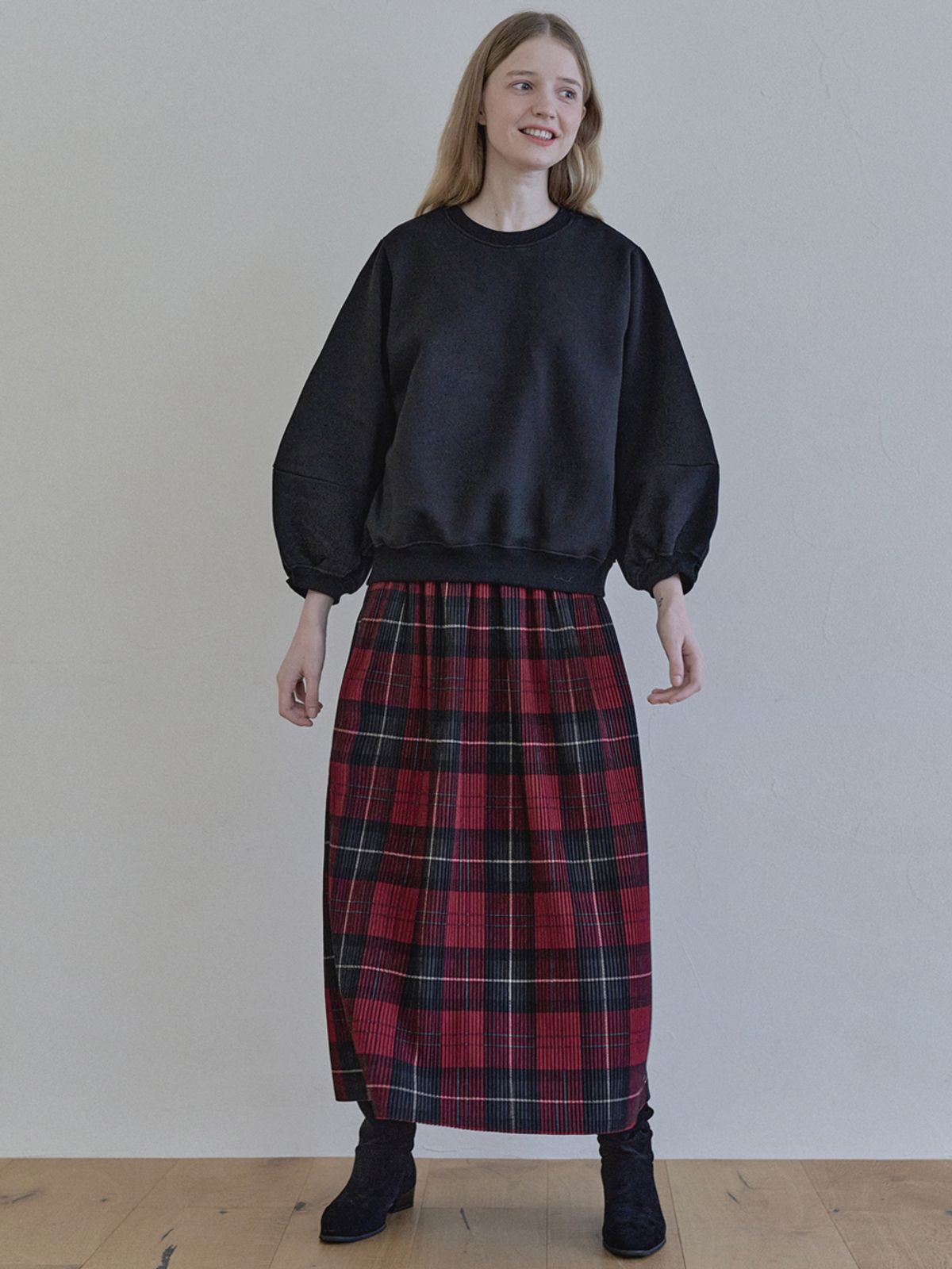 아방(AVANT-G) Tartan Check Pleated Maxi Skirt - RED