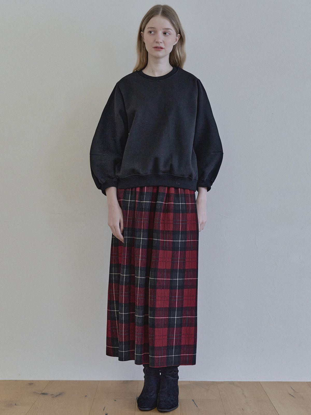 아방(AVANT-G) Tartan Check Pleated Maxi Skirt - RED