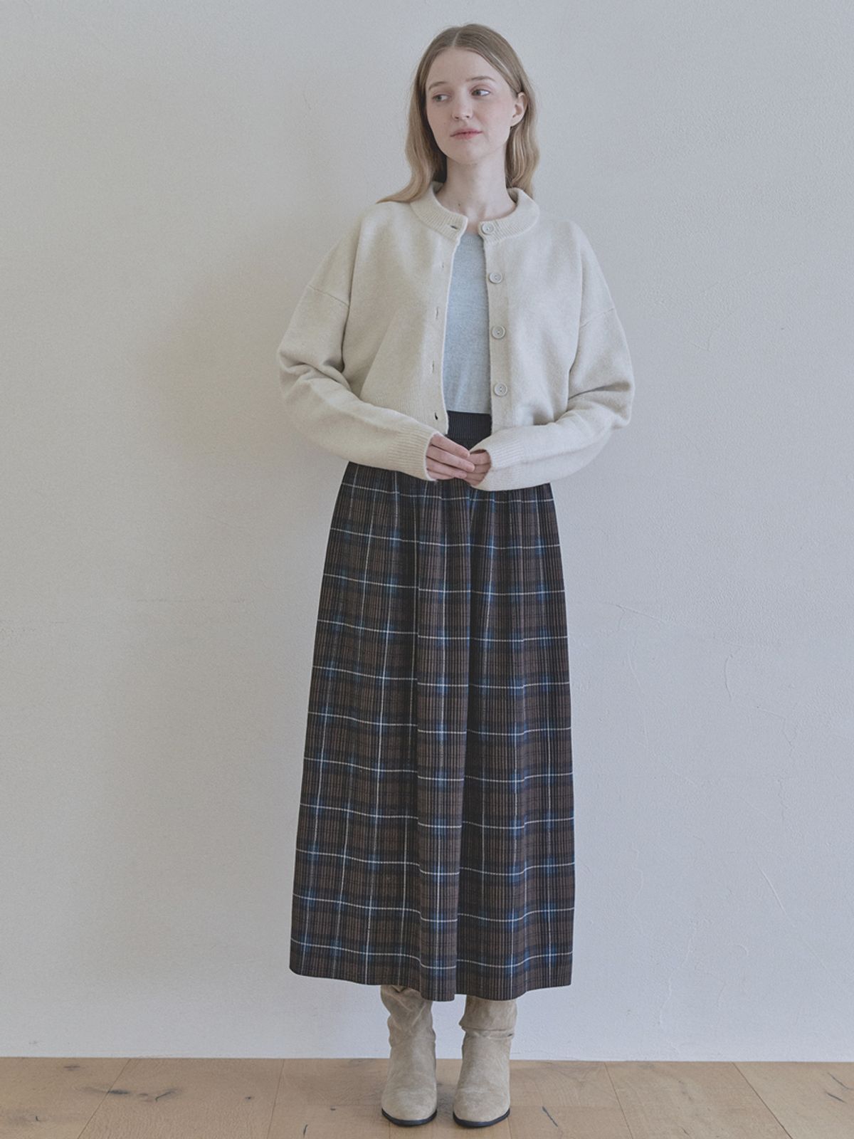 아방(AVANT-G) Tartan Check Pleated Maxi Skirt - BROWN