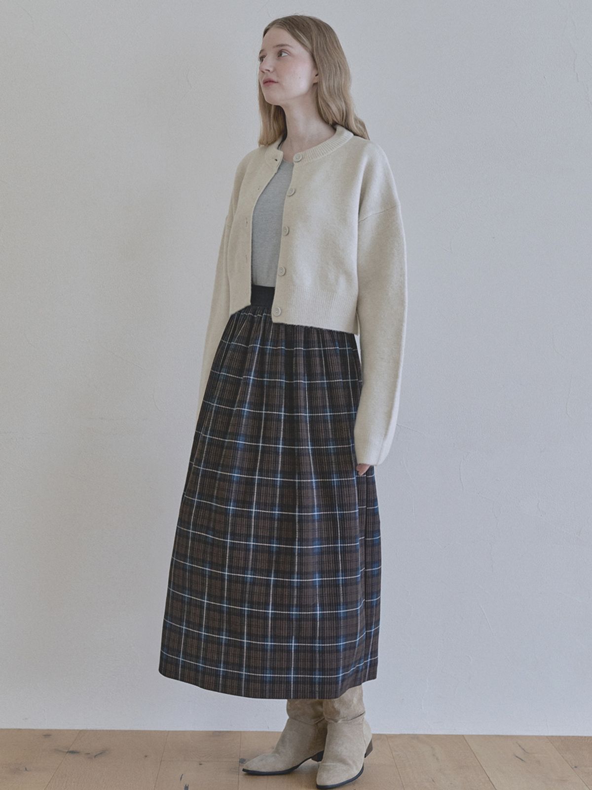 아방(AVANT-G) Tartan Check Pleated Maxi Skirt - BROWN