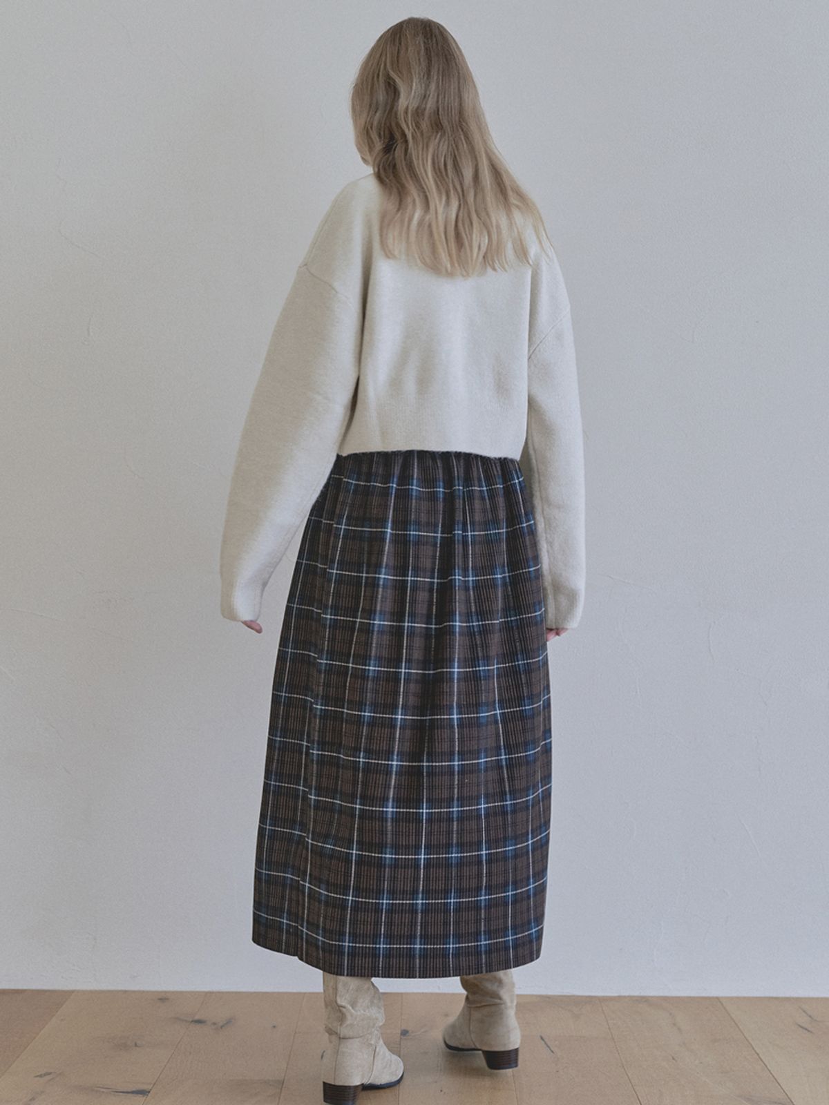 아방(AVANT-G) Tartan Check Pleated Maxi Skirt - BROWN