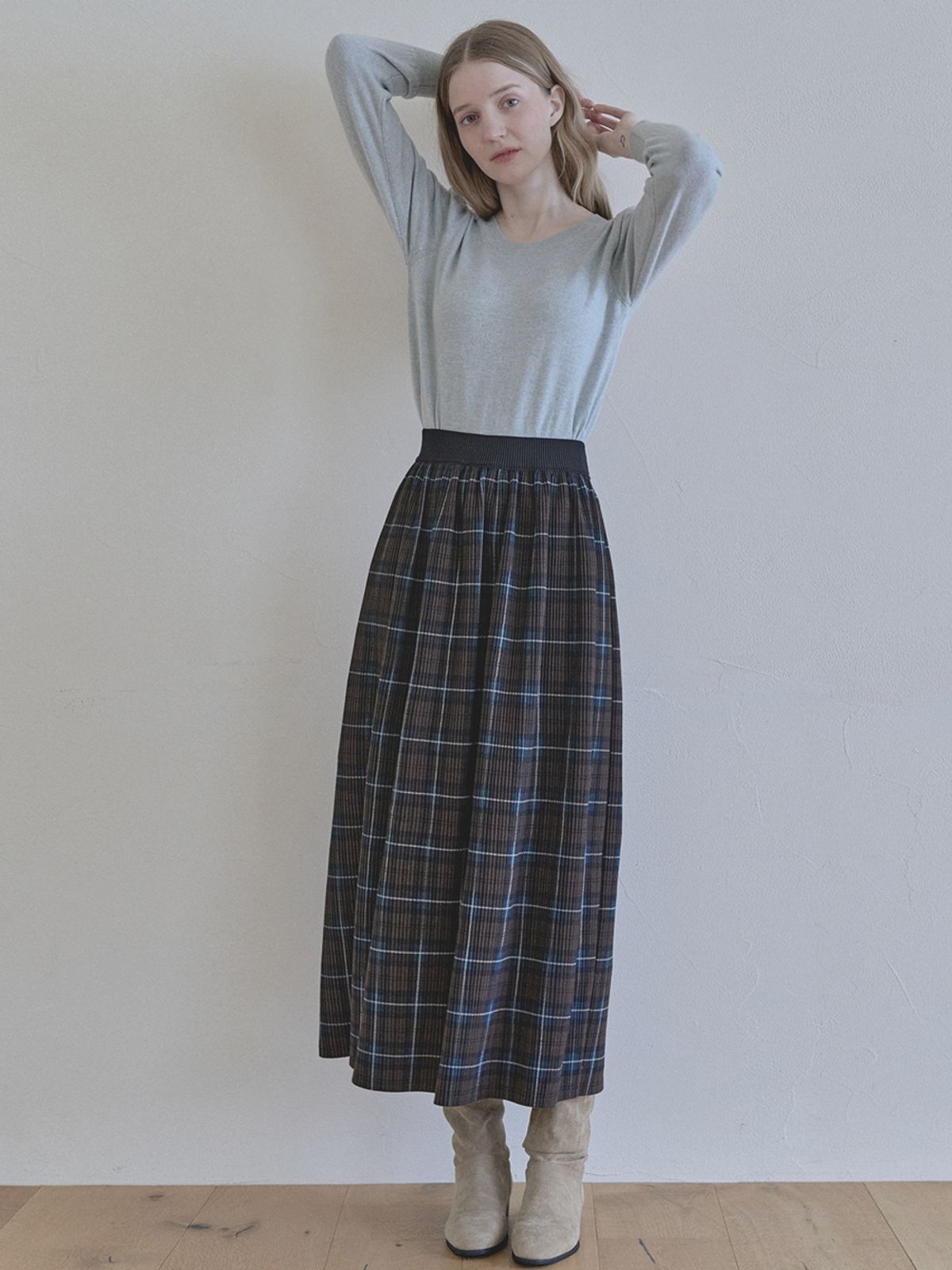 아방(AVANT-G) Tartan Check Pleated Maxi Skirt - BROWN
