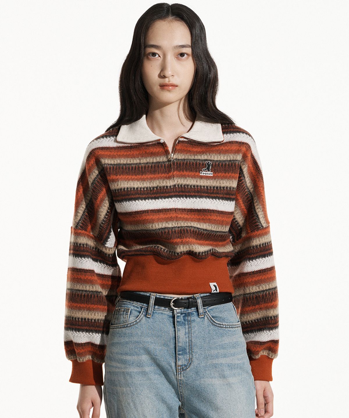 코케트(COQUET) [ WOMAN ] KNIT STRIPE HALF ZIP-UP ORANGE