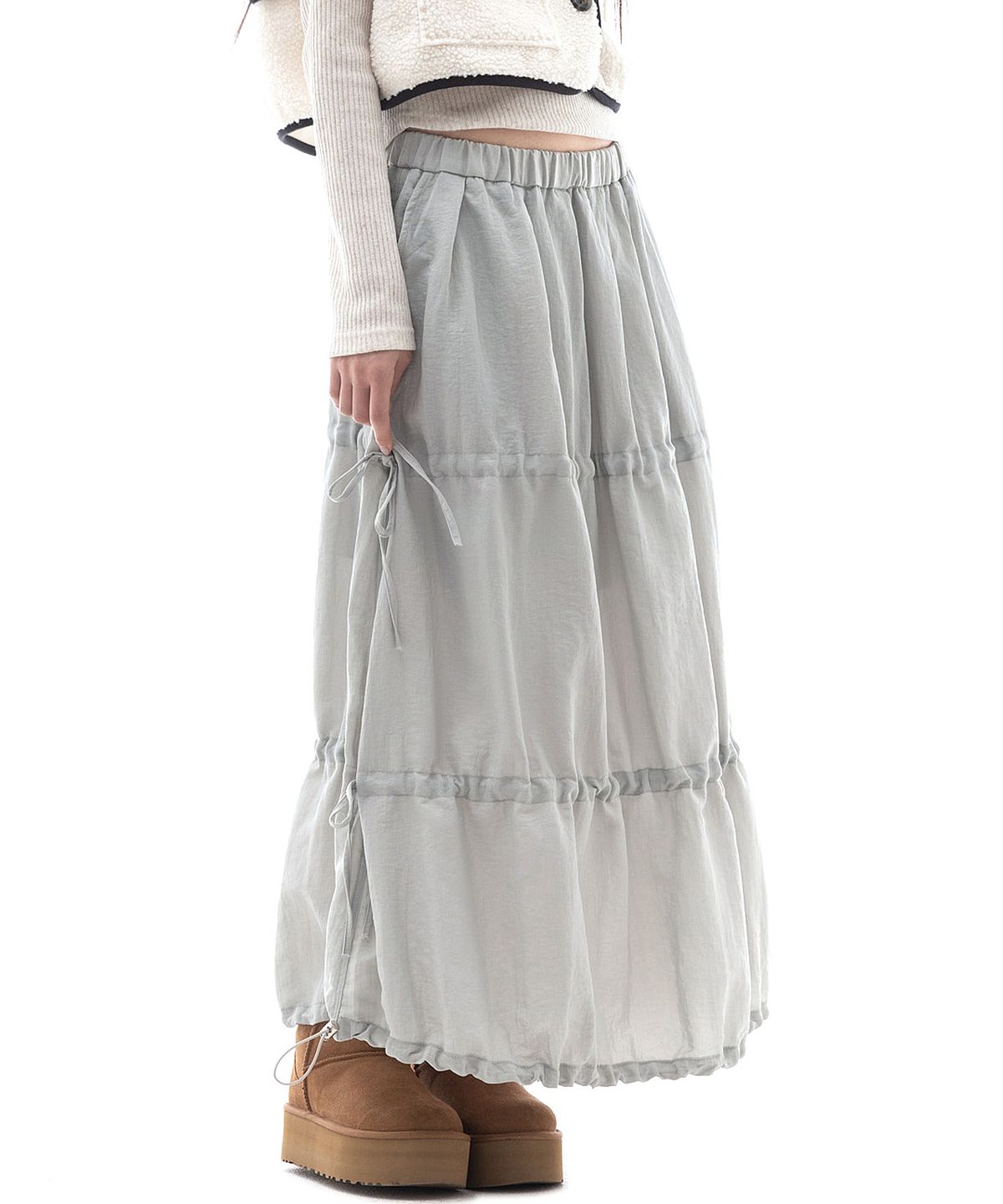 플라즈마스페어(PLASMA SPHERE) GISELLE SKIRT IN MINT GREY(셔링 롱 스커트)