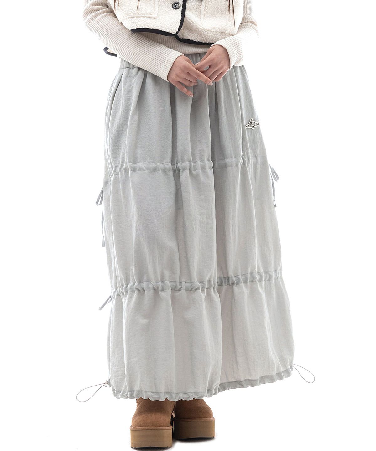 플라즈마스페어(PLASMA SPHERE) GISELLE SKIRT IN MINT GREY(셔링 롱 스커트)