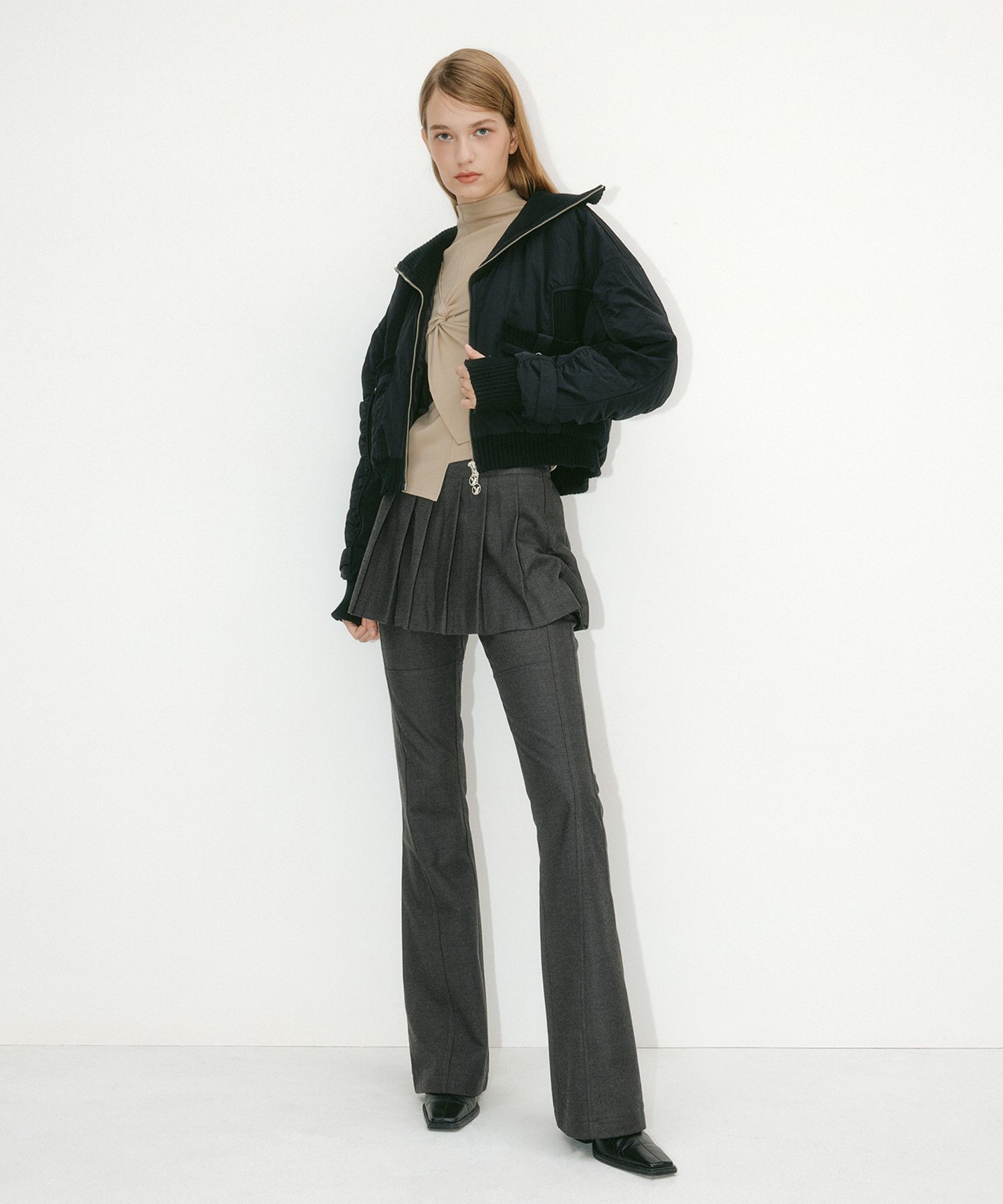 ☆人気☆【YUSE】☆PLEATS SKIRT LAYERED BOOTS CUT PANT.S☆ MUSINSA | YUSE PLEATS SKIRT LAYERED BOOTS CUT PANTS - CHARCOAL