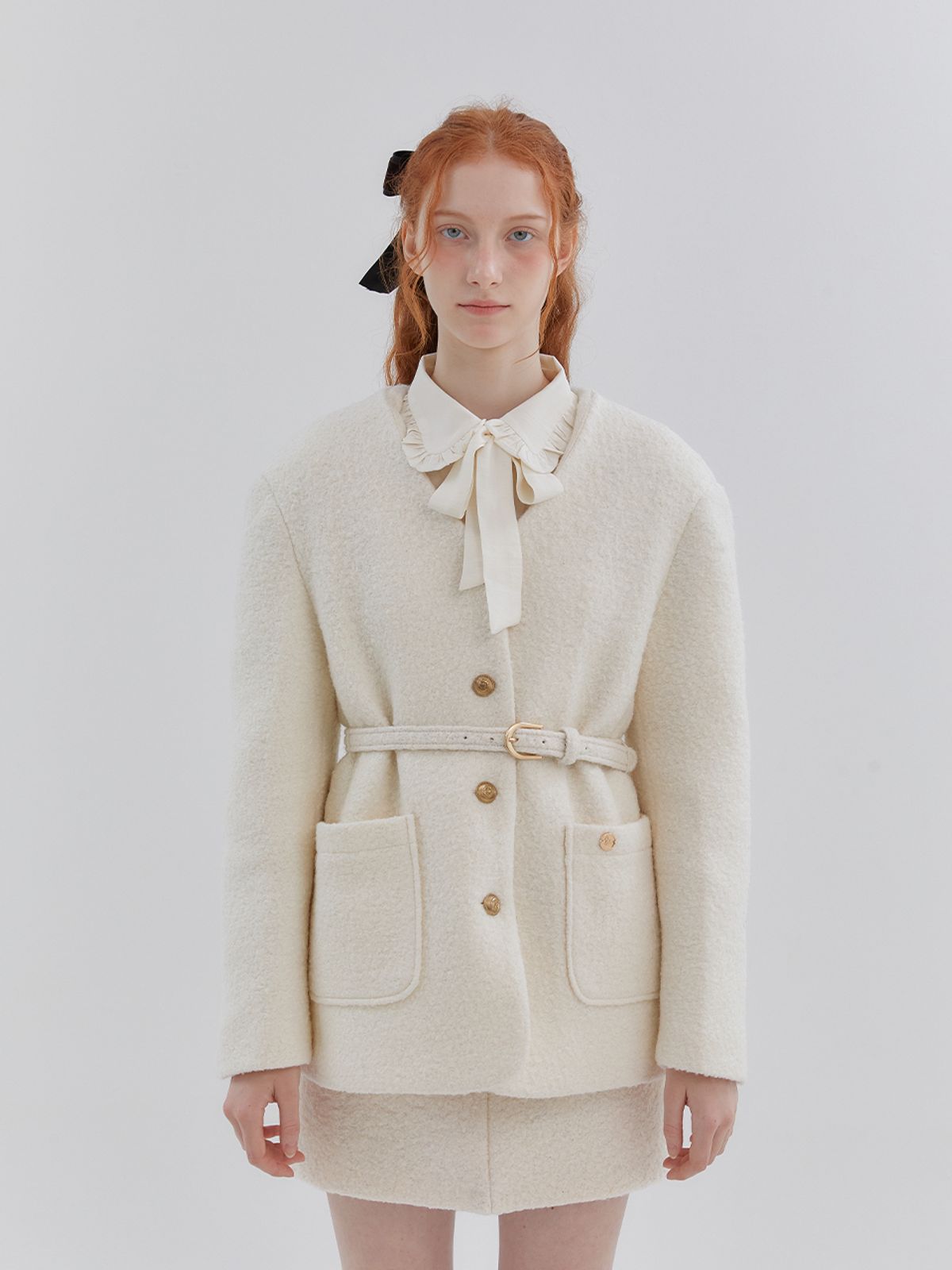 아노에틱(ANOETIC) ANC COLLARLESS BELT TWEED JACKET_IVORY