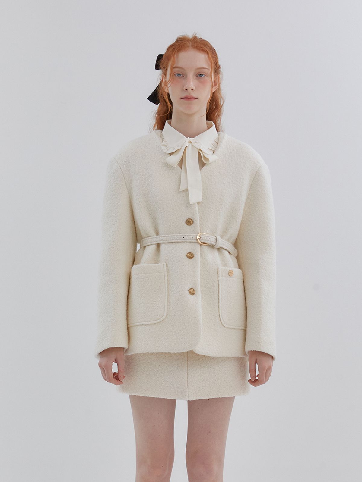 아노에틱(ANOETIC) ANC COLLARLESS BELT TWEED JACKET_IVORY