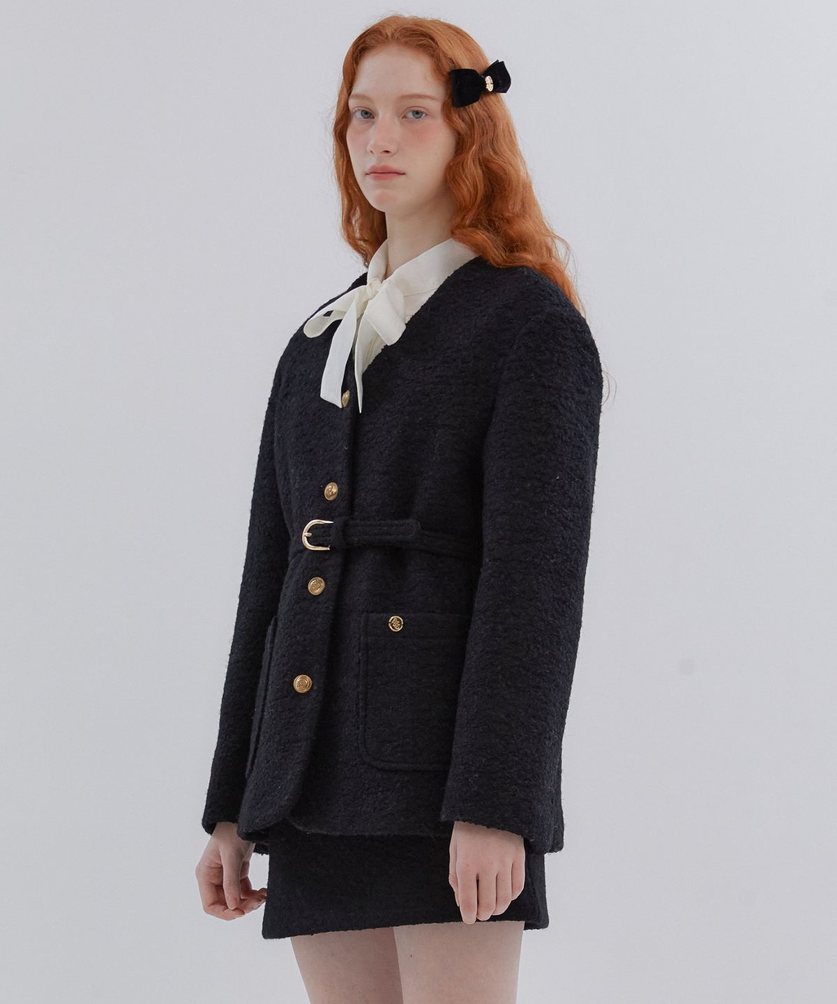 아노에틱(ANOETIC) ANC COLLARLESS BELT TWEED JACKET_IVORY