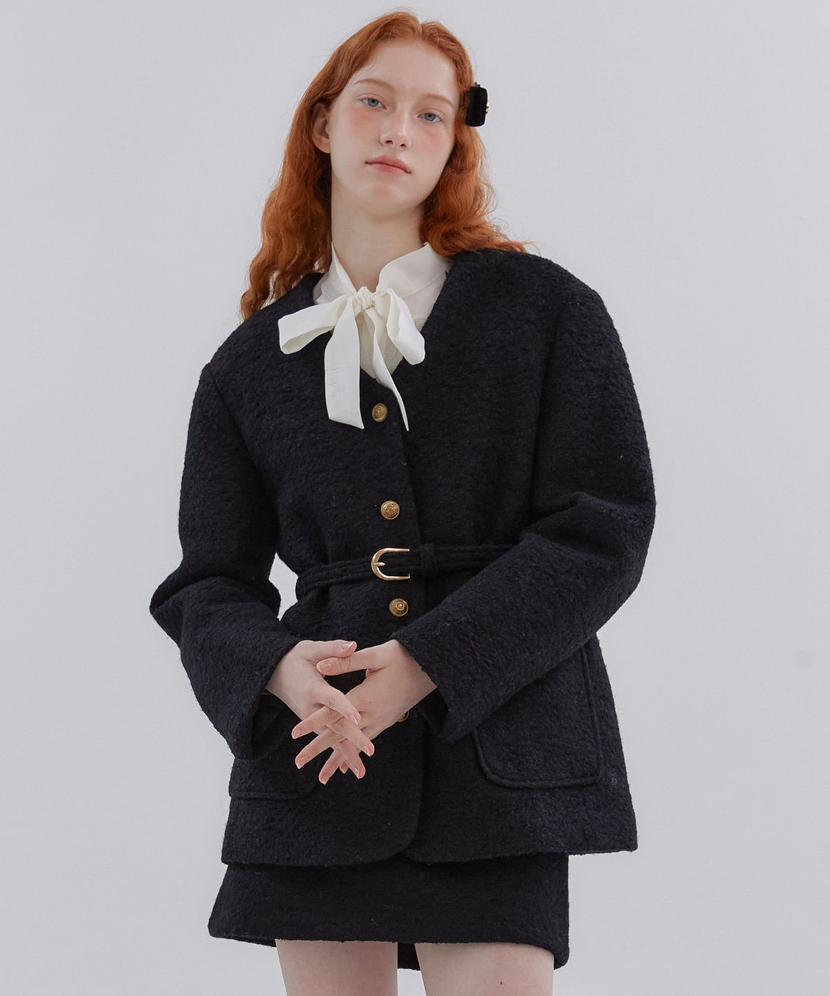 아노에틱(ANOETIC) ANC COLLARLESS BELT TWEED JACKET_IVORY