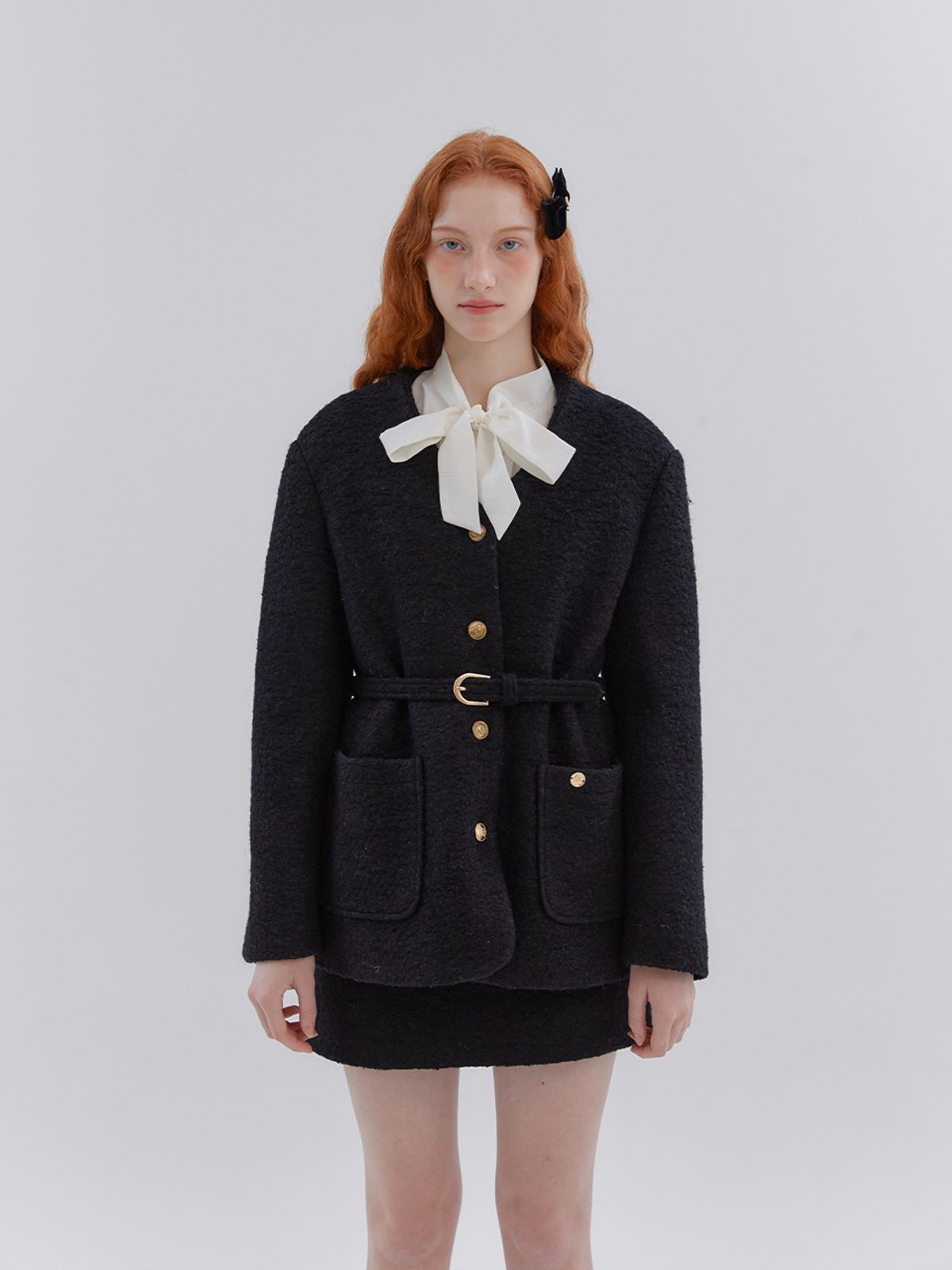 아노에틱(ANOETIC) ANC COLLARLESS BELT TWEED JACKET_BLACK
