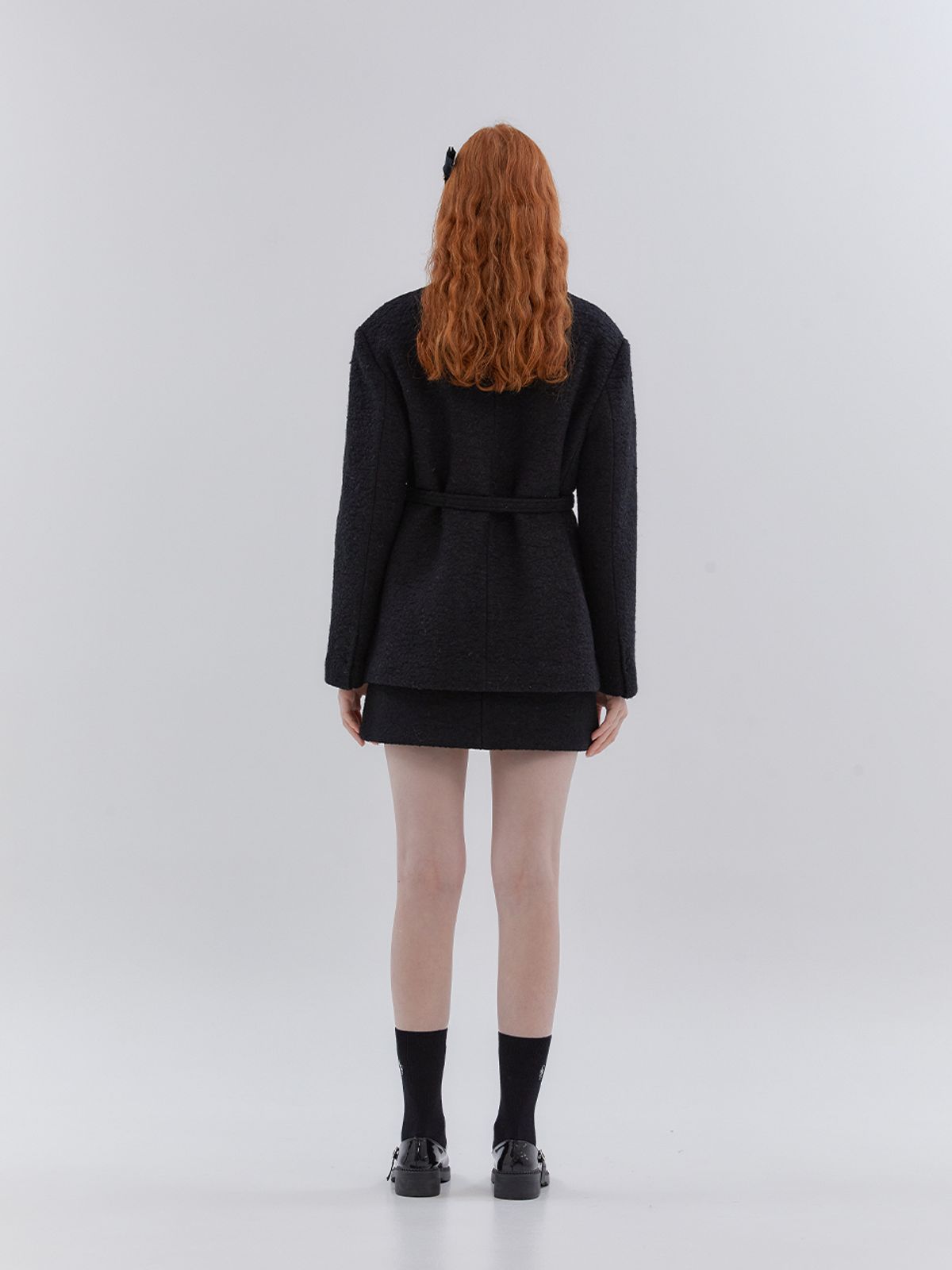 아노에틱(ANOETIC) ANC COLLARLESS BELT TWEED JACKET_BLACK