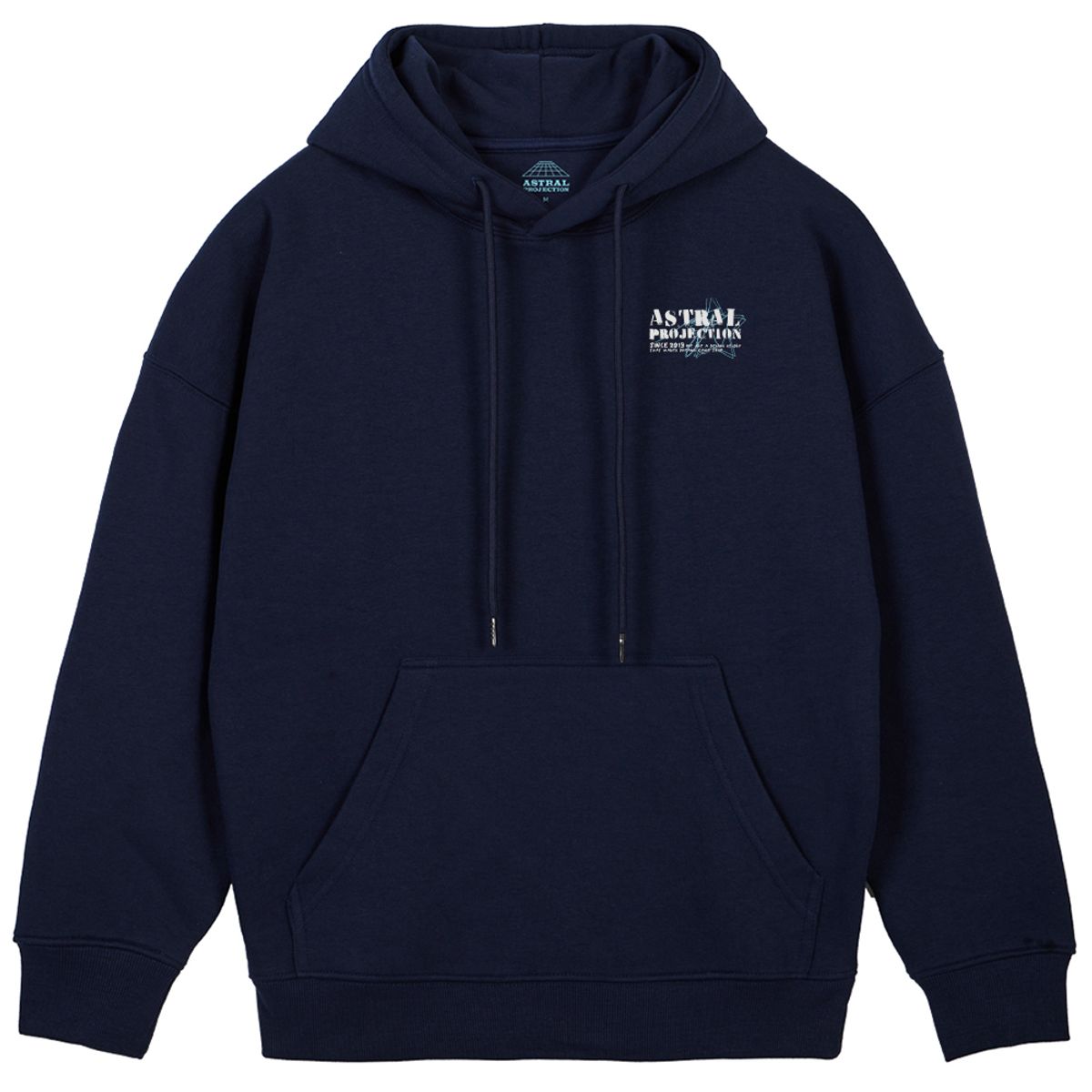 아스트랄 프로젝션(ASTRAL PROJECTION) 빈티지 레터링 오버핏 와이드 숄더 후디_네이비