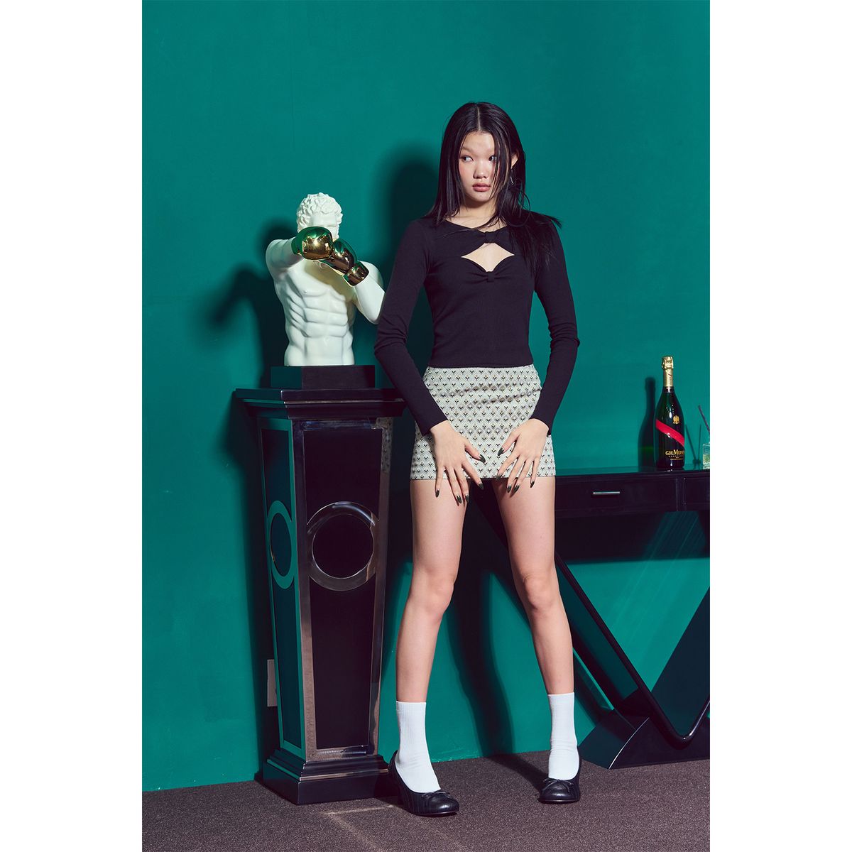 러뷰이(LOVUEE) 그레이 버드 브로케이드 스커트