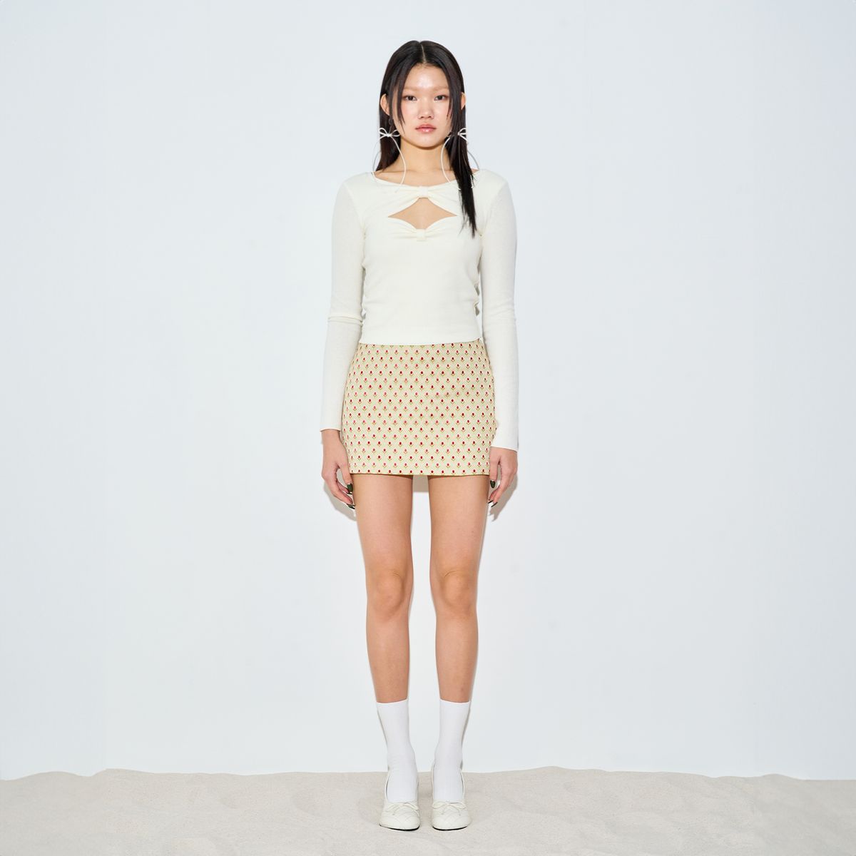 러뷰이(LOVUEE) 핑크 버드 브로케이드 스커트