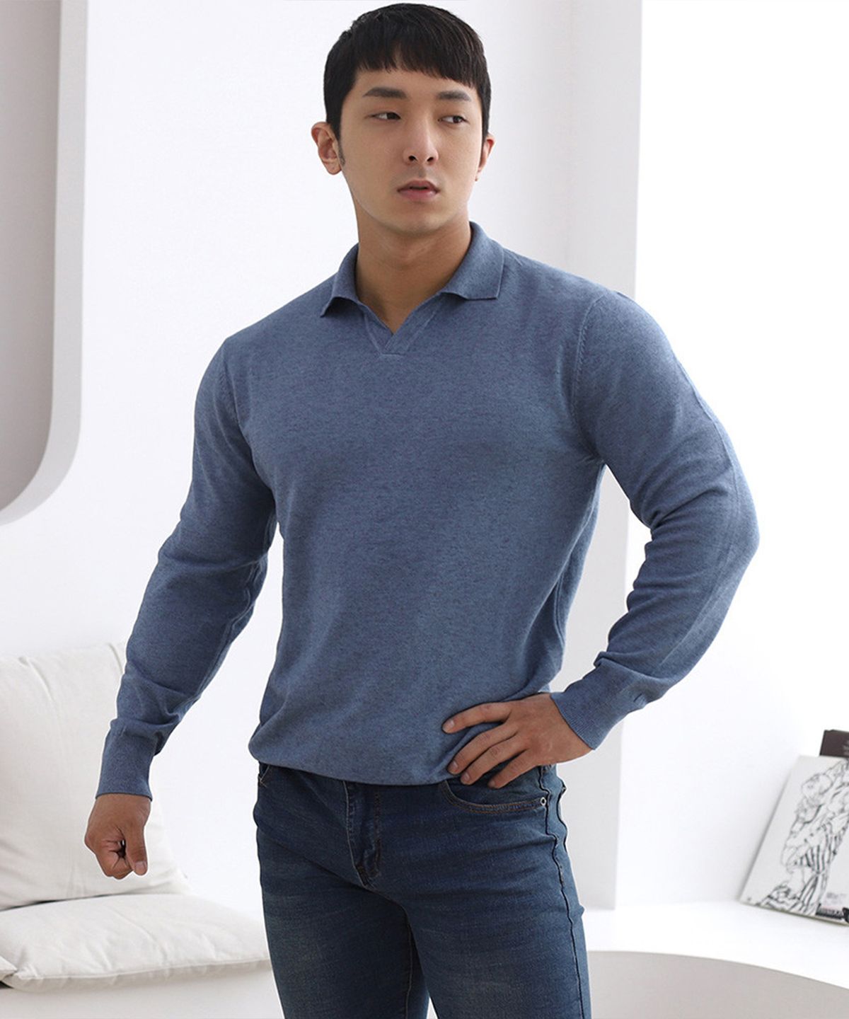 보스트핏(BOASTFIT) 부드러운 머슬핏 오픈카라넥 긴팔 니트