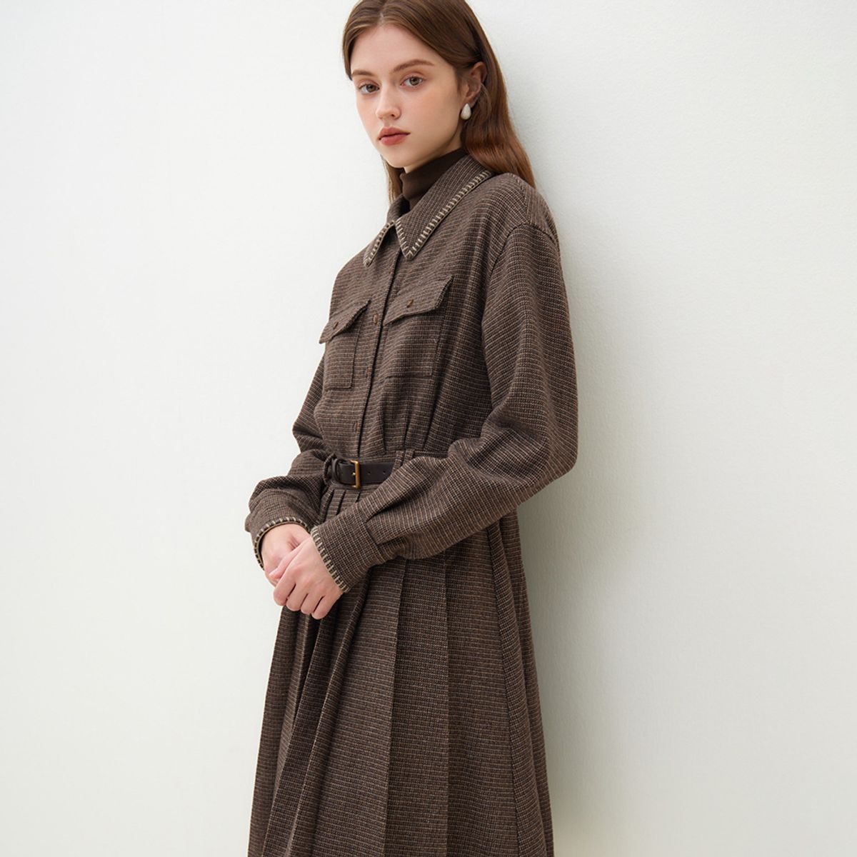 웬스데이딜라잇(WEDNESDAY DELIGHT) WD_Brown plaid woolen shirt dress