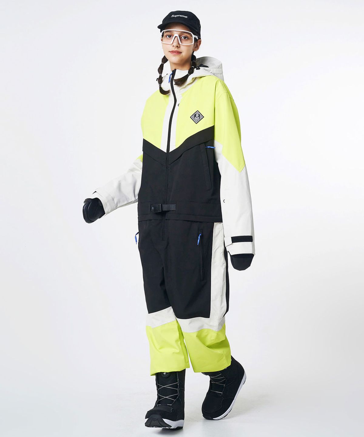 돌아우터웨어(DOLL OUTERWEAR) 브이라인 스노우보드복 점프슈트 라임 남녀공용 보드복자켓 보드복팬츠