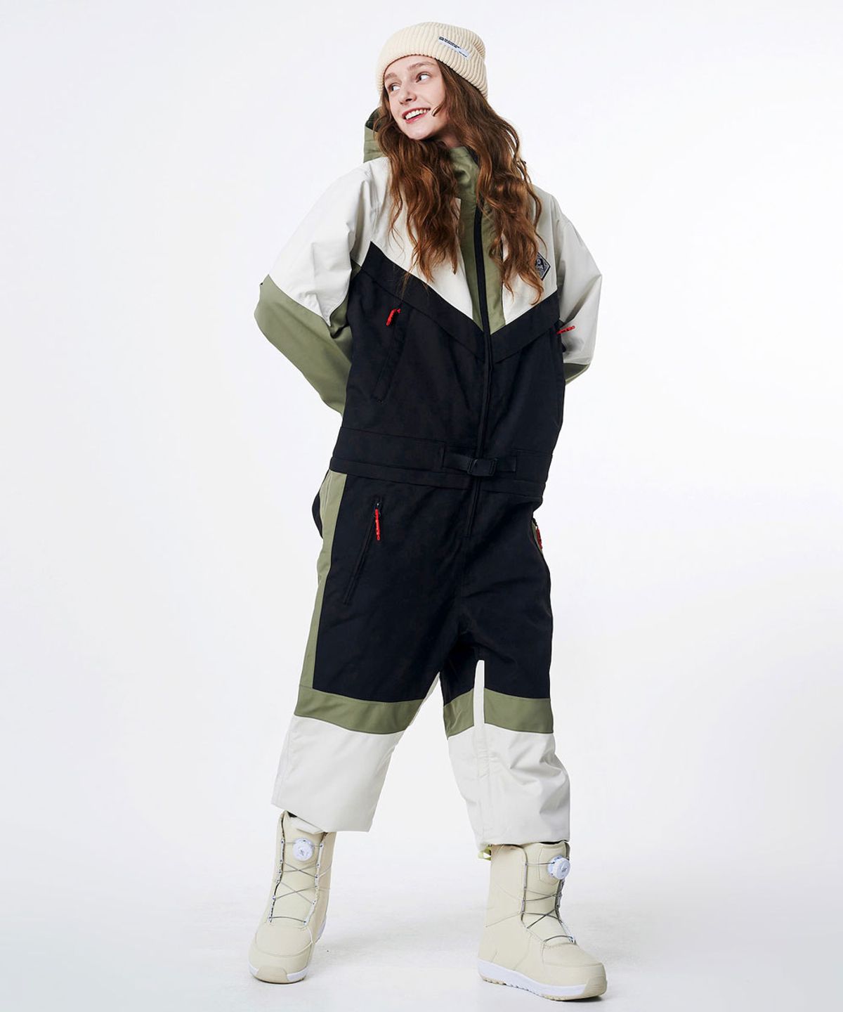 돌아우터웨어(DOLL OUTERWEAR) 2324 브이라인 스노우보드복 점프슈트 베이지 남녀공용 보드복자켓 보드복팬츠