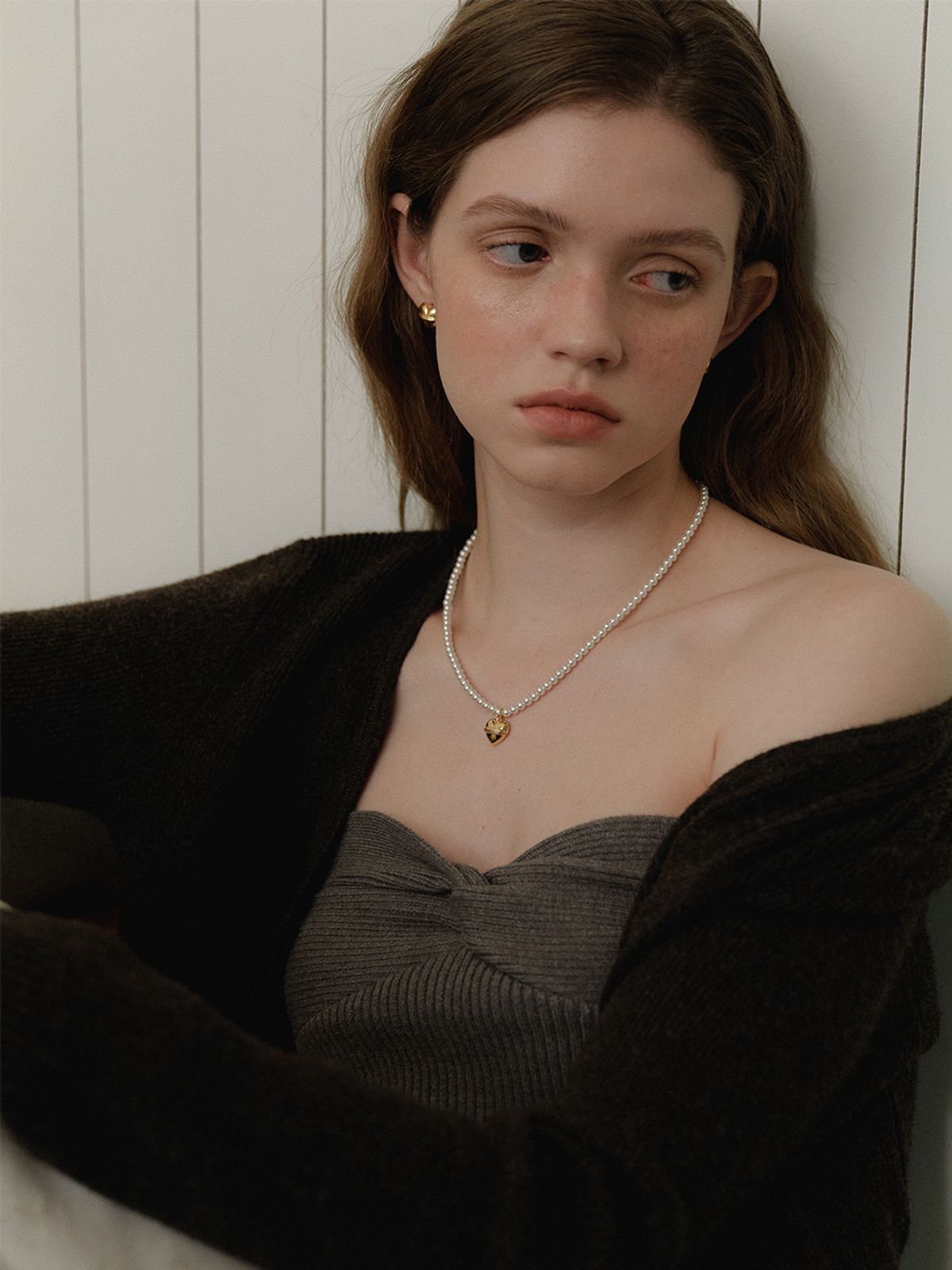 리엔느와르(leeENoir) Volume Heart Pearl Necklace (4mm)(2color)