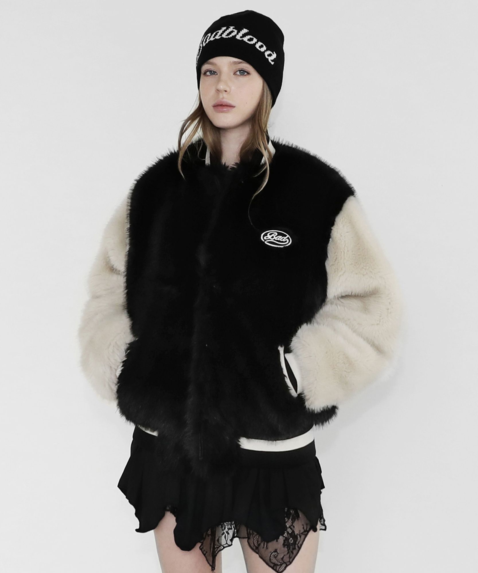 MUSINSA | BADBLOOD Panda Varsity Jacket - Black/Cream