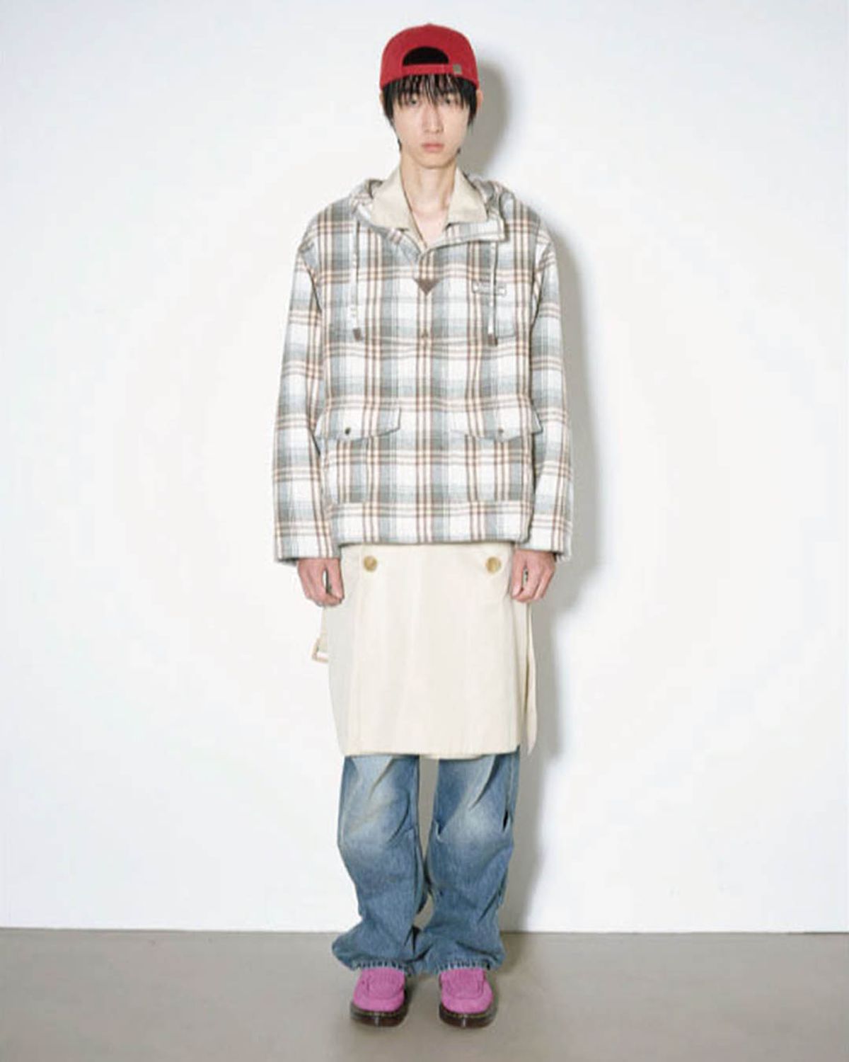 더뮤지엄비지터(THEMUSEUMVISITOR) LEATHER ELBOW PATCH CHECK ANORAK (BEIGE)