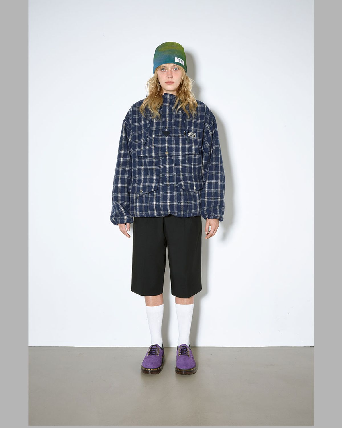더뮤지엄비지터(THEMUSEUMVISITOR) LEATHER ELBOW PATCH CHECK ANORAK (NAVY)