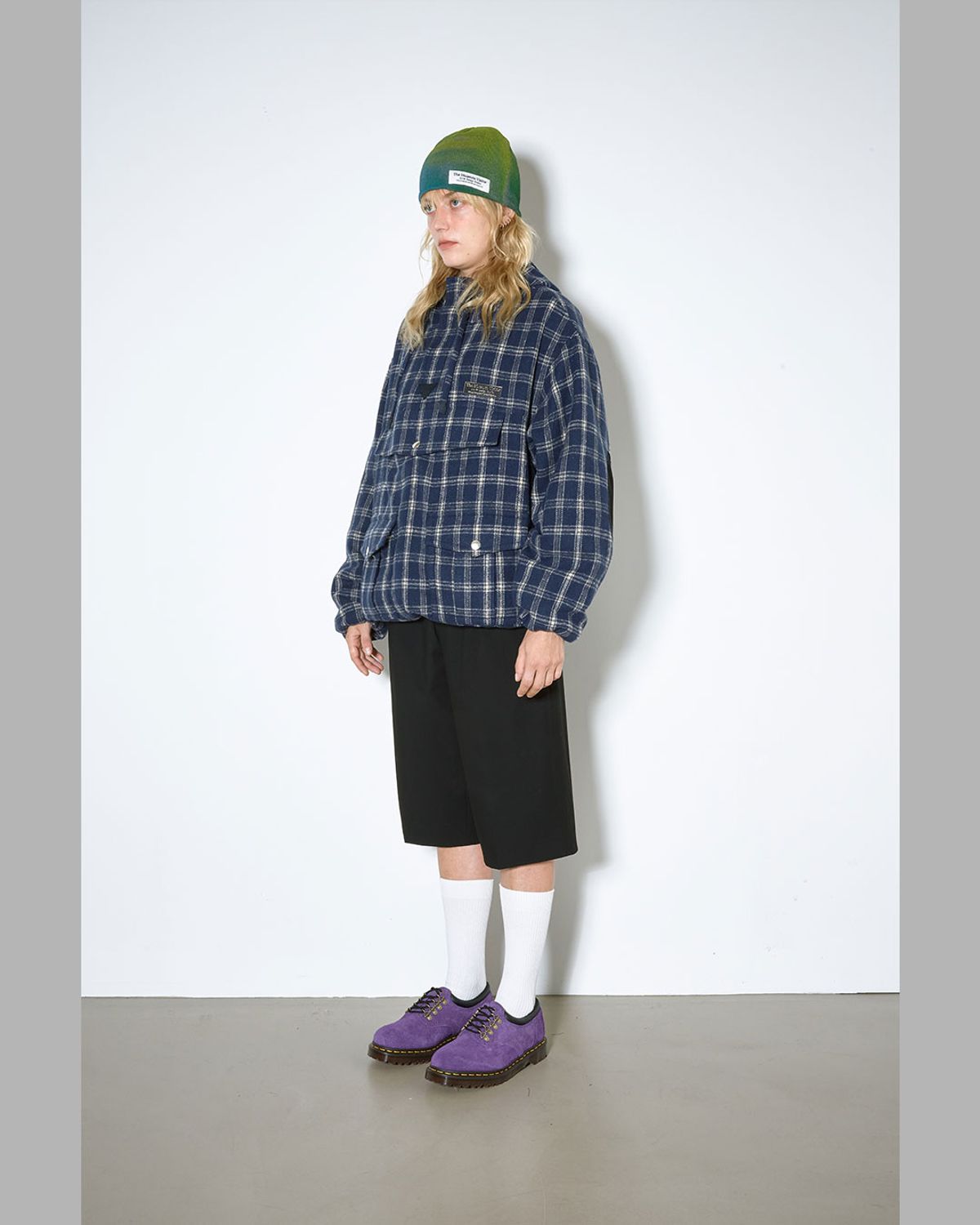 더뮤지엄비지터(THEMUSEUMVISITOR) LEATHER ELBOW PATCH CHECK ANORAK (NAVY)