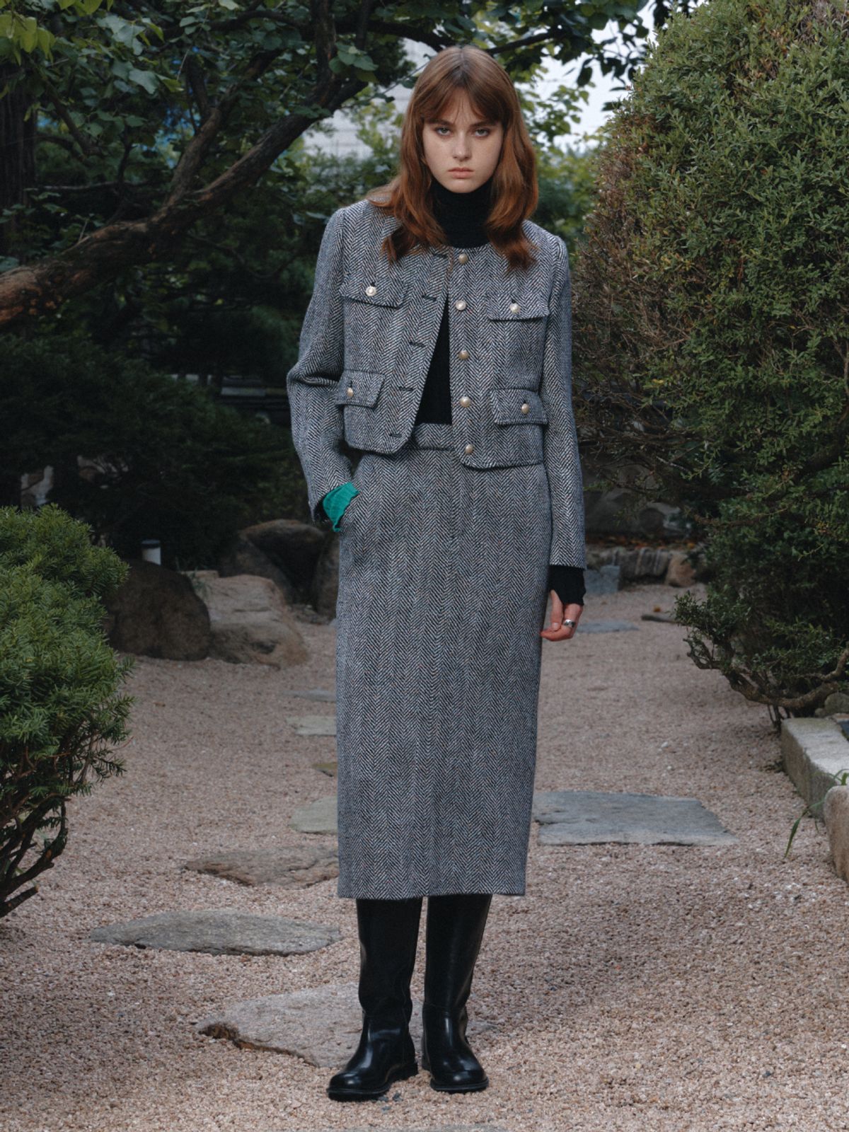 뮤제(MUSEE) SOPHIA Tweed Wool Long Skirt-Black