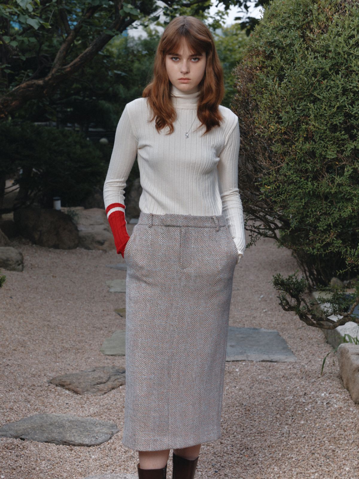 뮤제(MUSEE) SOPHIA Tweed Wool Long Skirt-Beige